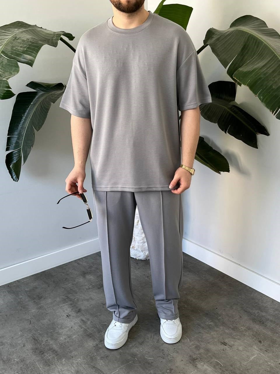 Gri Bisiklet Yaka Oysho Kumas Oversize Tshirt