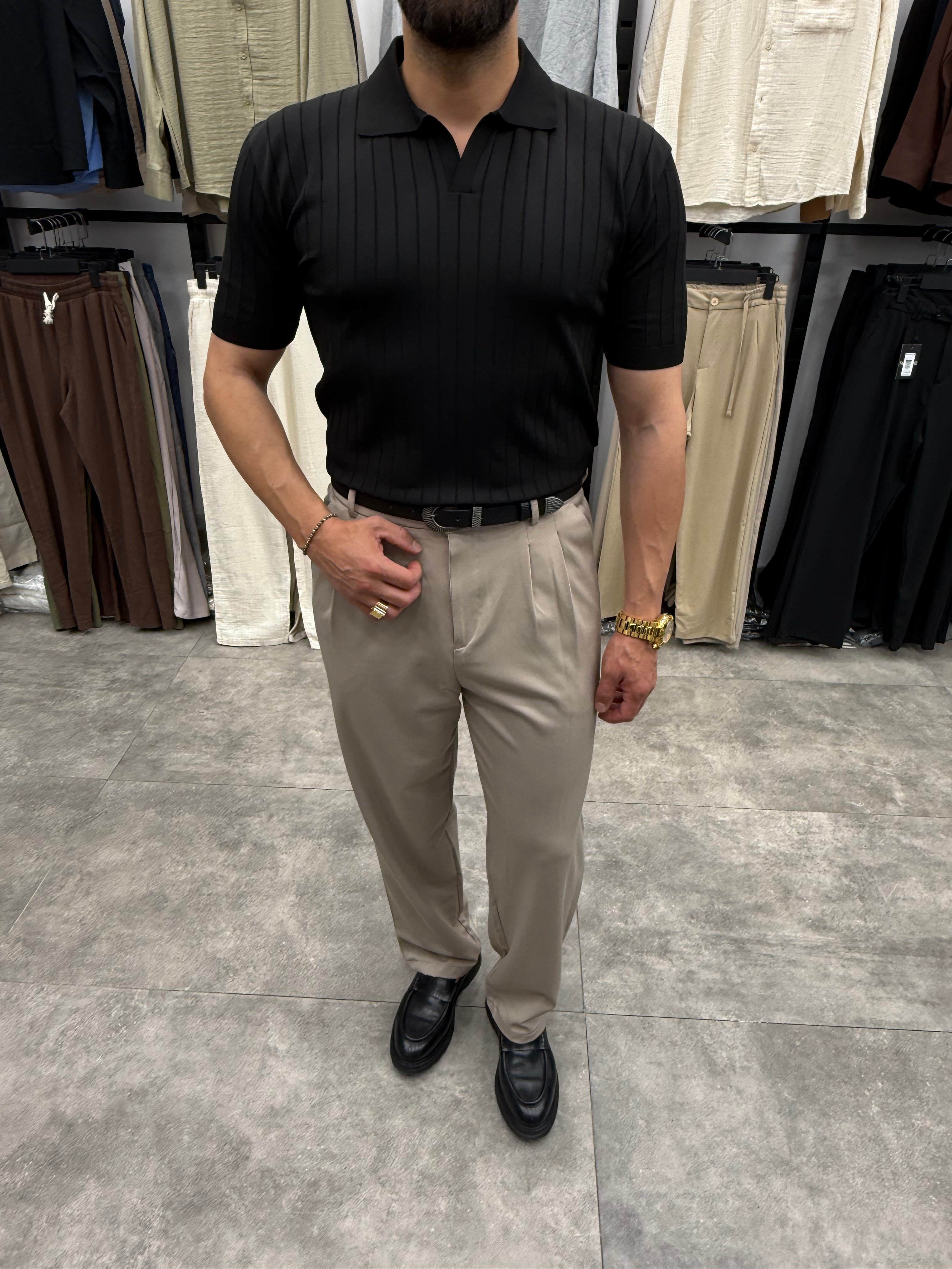 Siyah Çizgili Rergular Fit Polo Tshirt