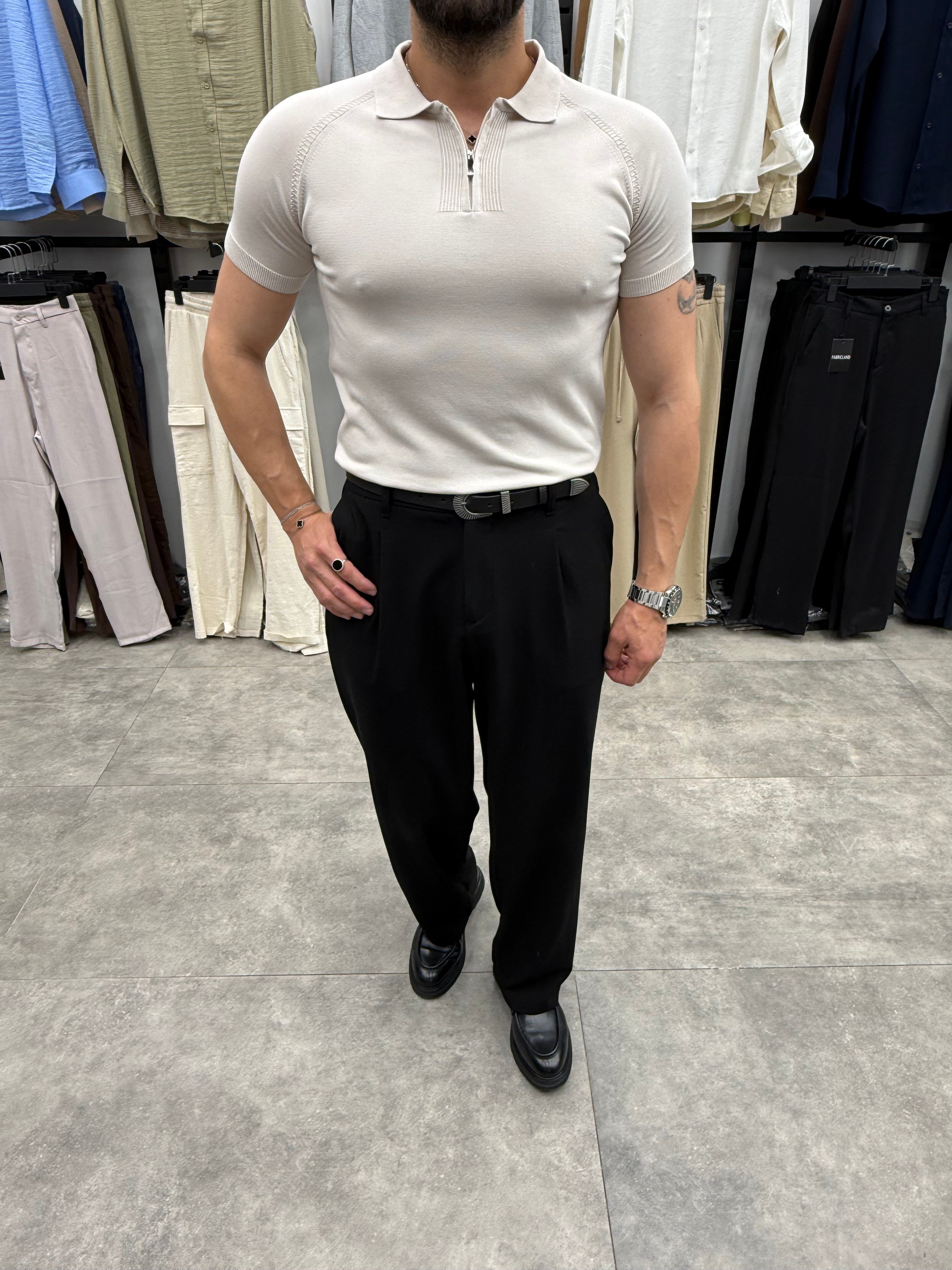 Bej Regular Fit Yaka Fermuarlı Polo Tshirt