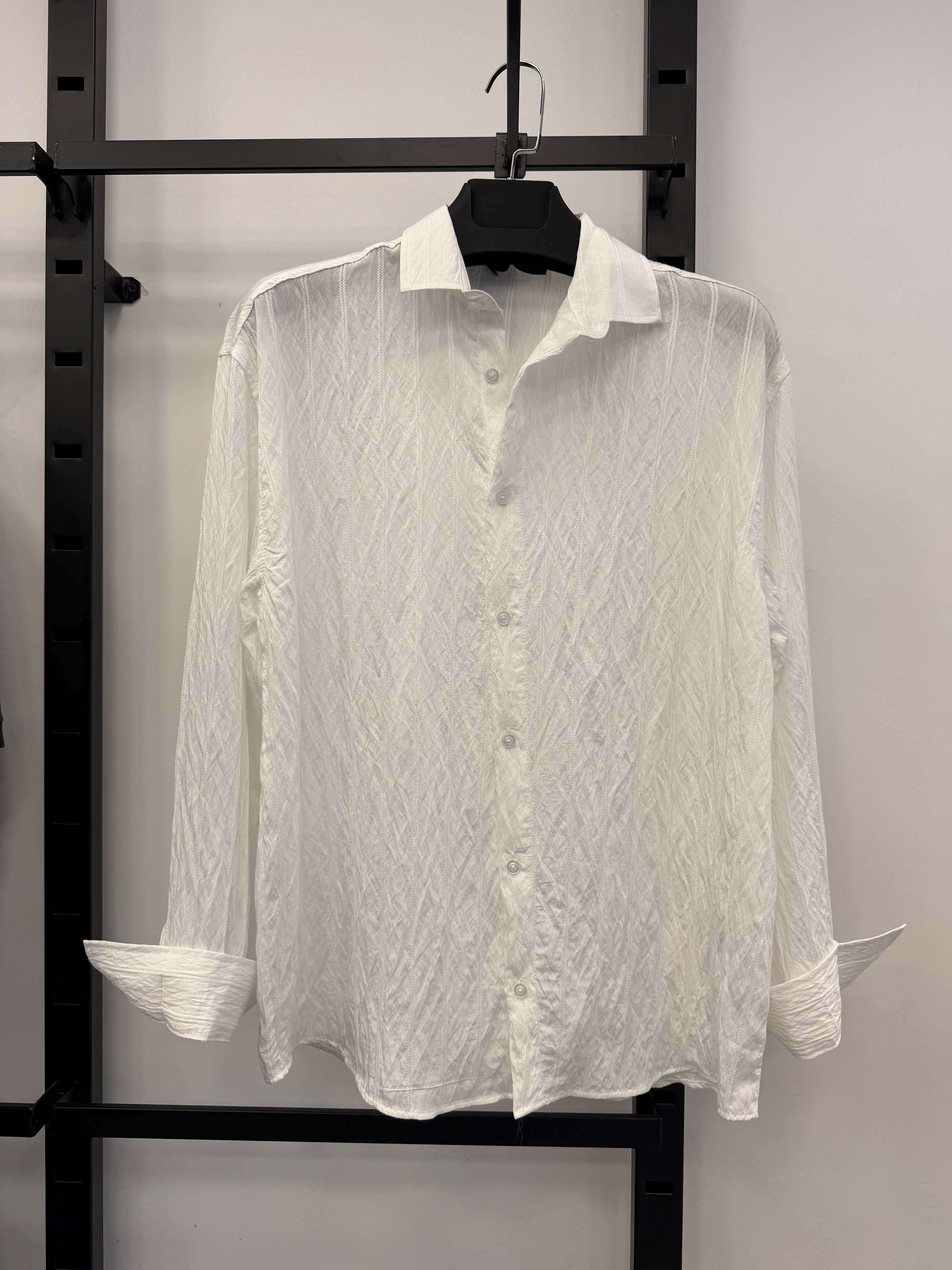 Beyaz Çizgili Krinkıl Voile Oversize Gömlek