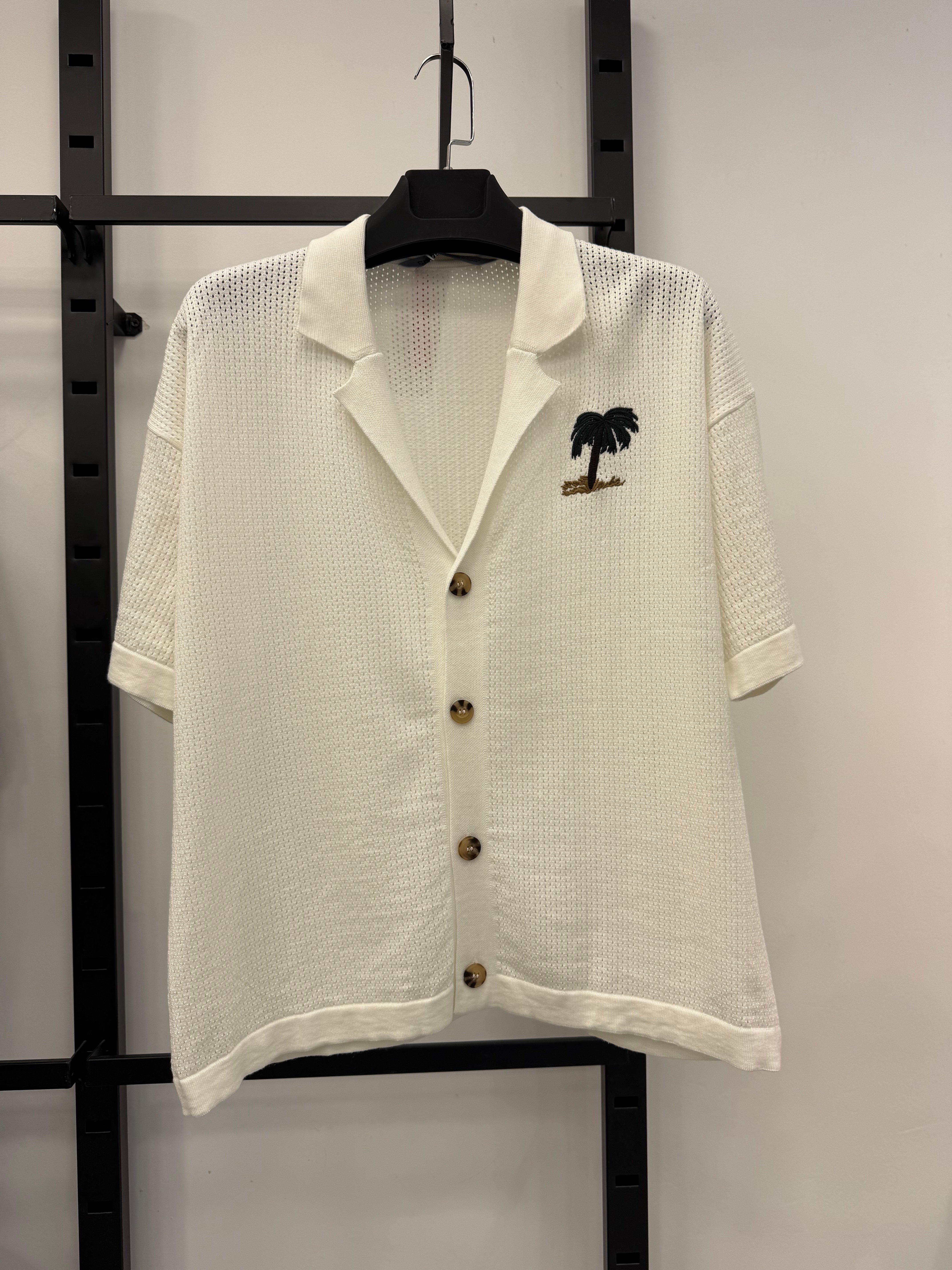 Beyaz Palmiye Nakışlı File Triko Oversize Gömlek