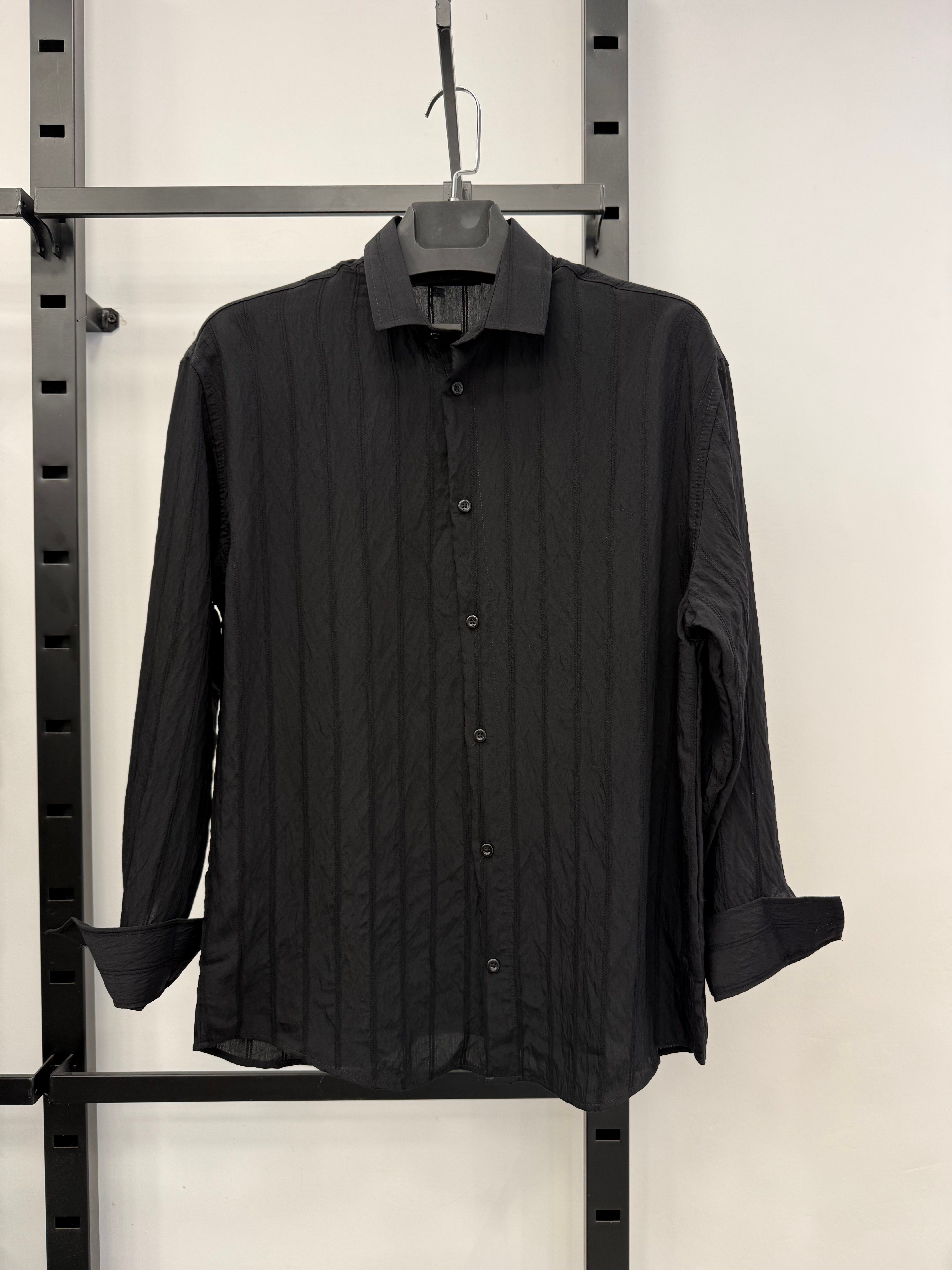 Siyah  Çizgili Krinkıl Voile Oversize Gömlek