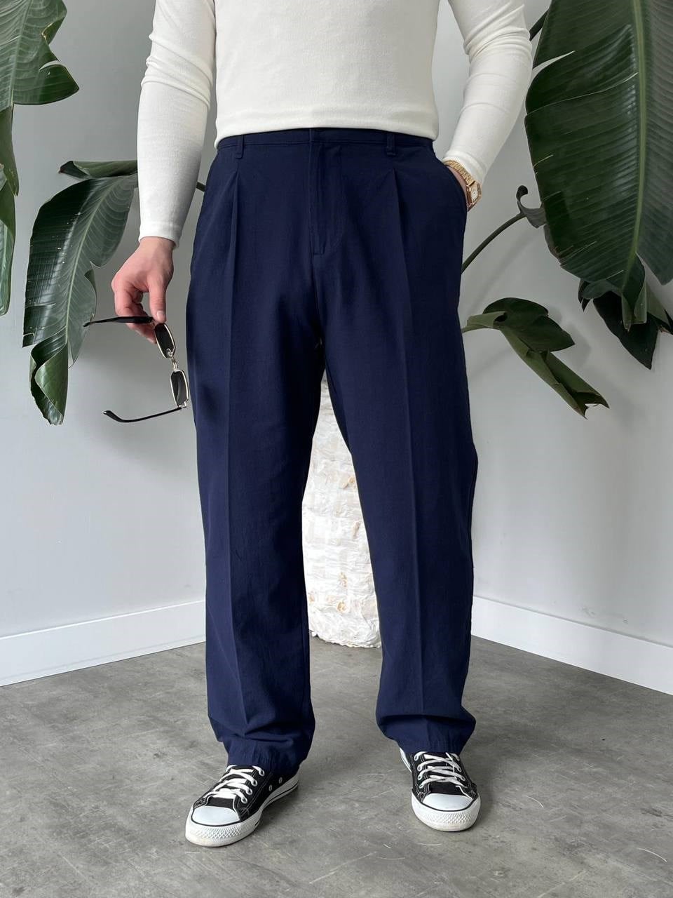 Lacivert Pileli Pamuk Keten Baggy Pantolon