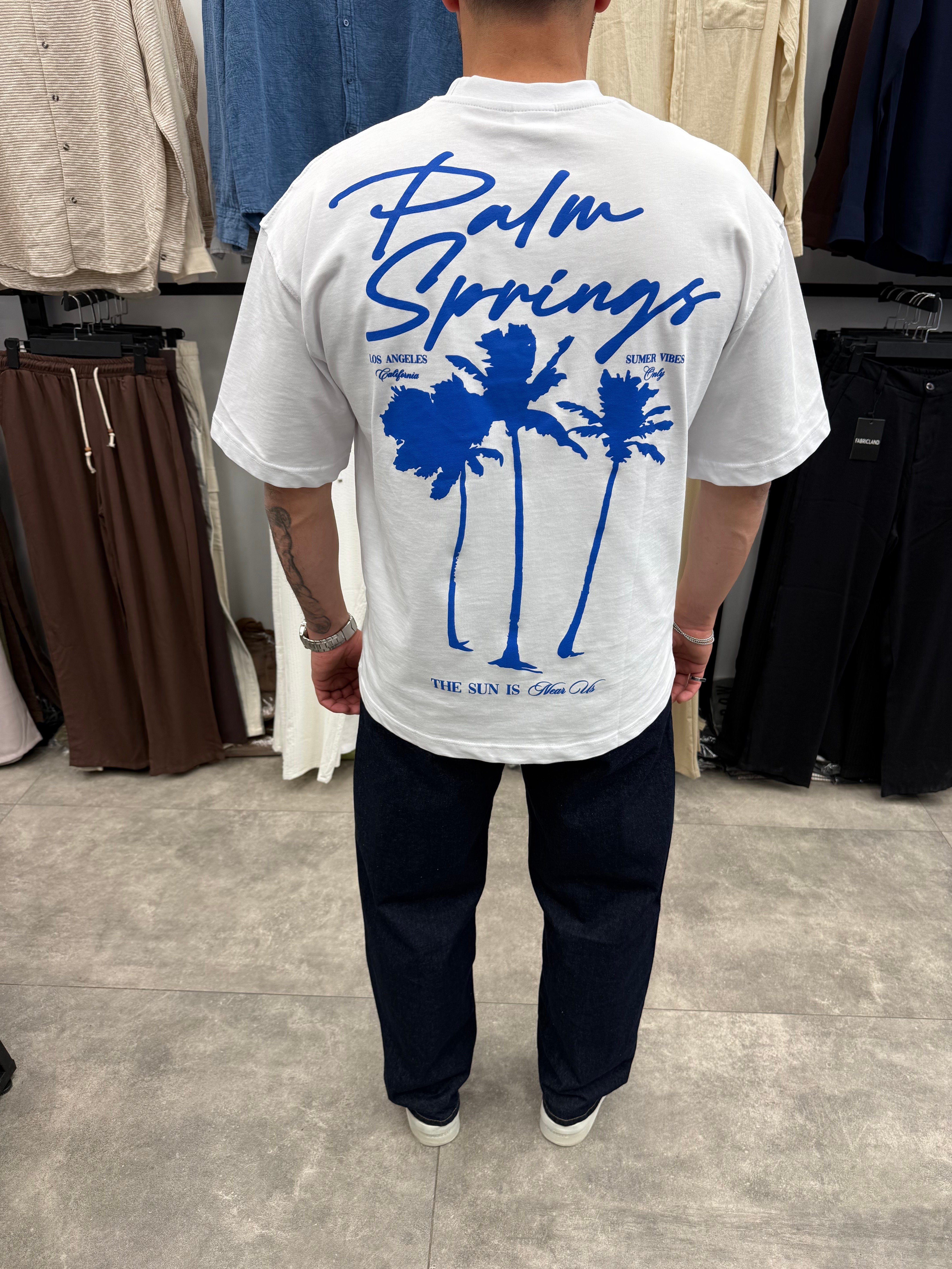 Beyaz Palmiye Baskılı Oversize Tshirt
