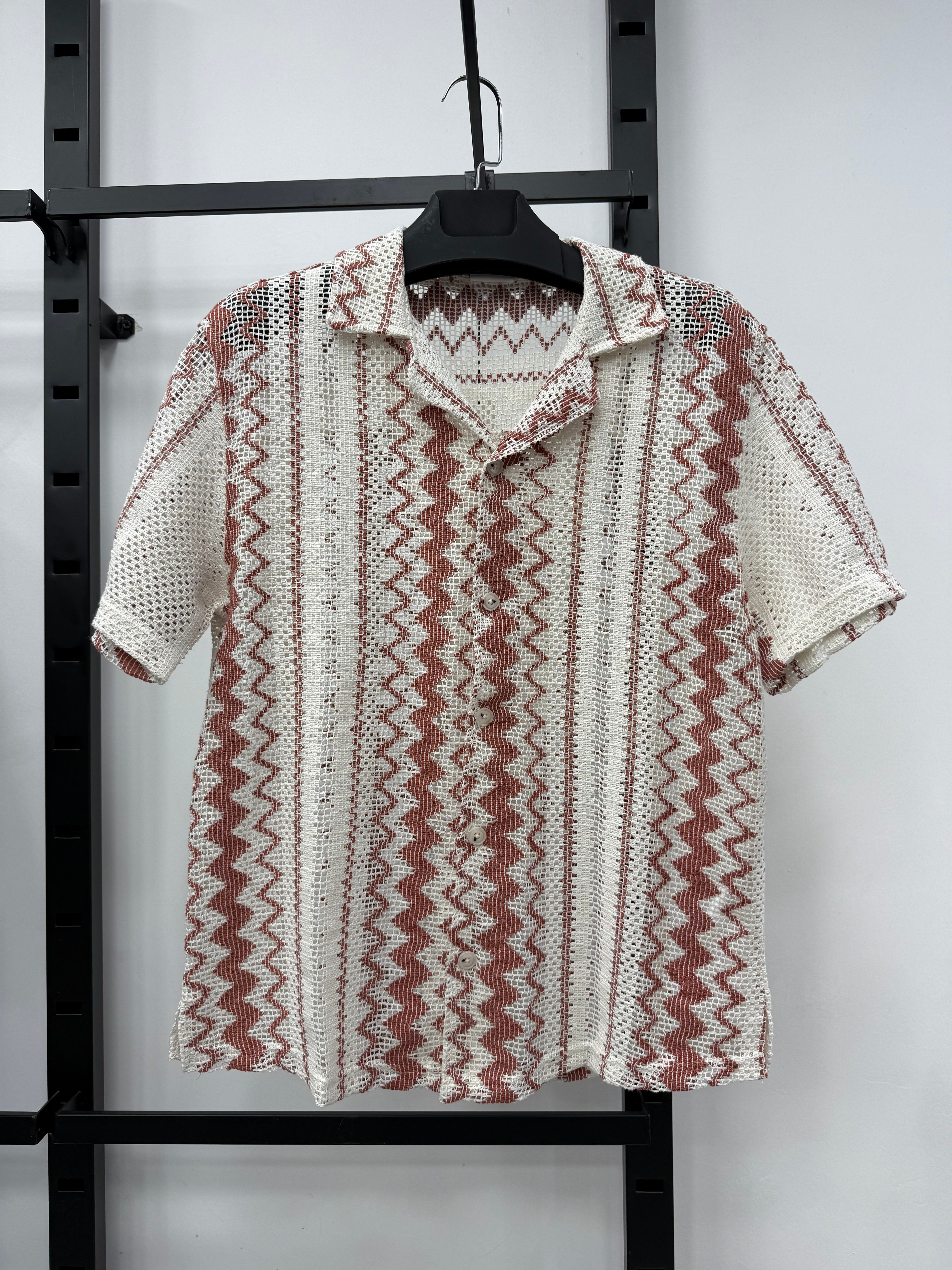 Ekru Üzeri Kiremit Zigzag Desenli Örgü Kroşe Oversize Gömlek