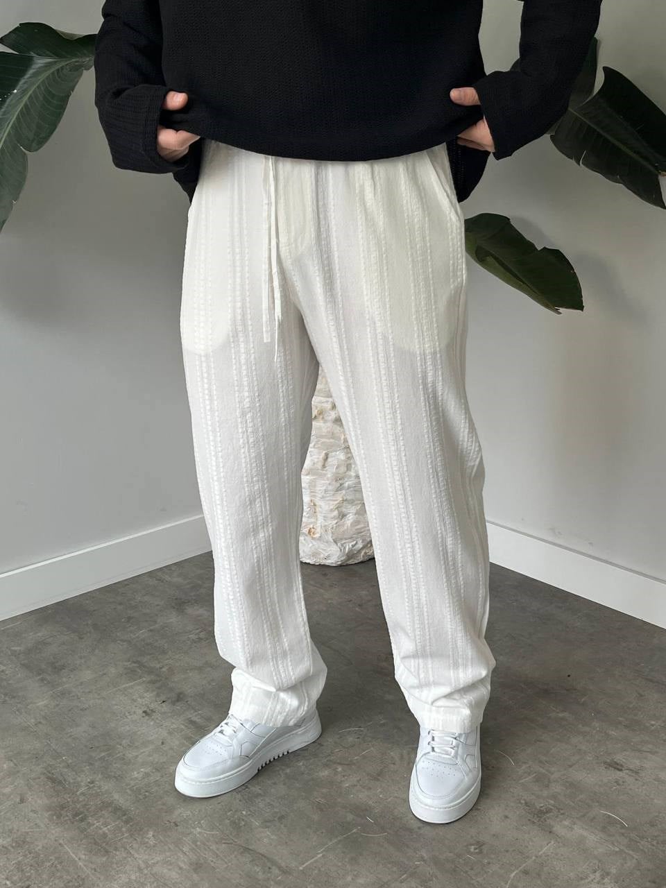 Ekru Bel Bağcıklı Dokulu Keten Baggy Pantolon