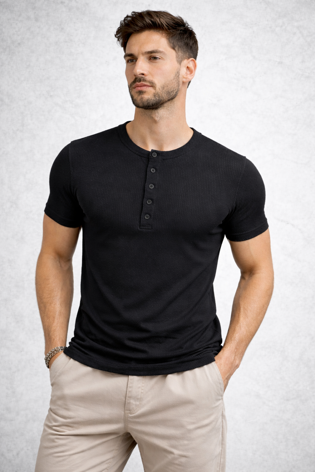 Siyah Düğmeli Yaka Likralı Slim Fit Tişört