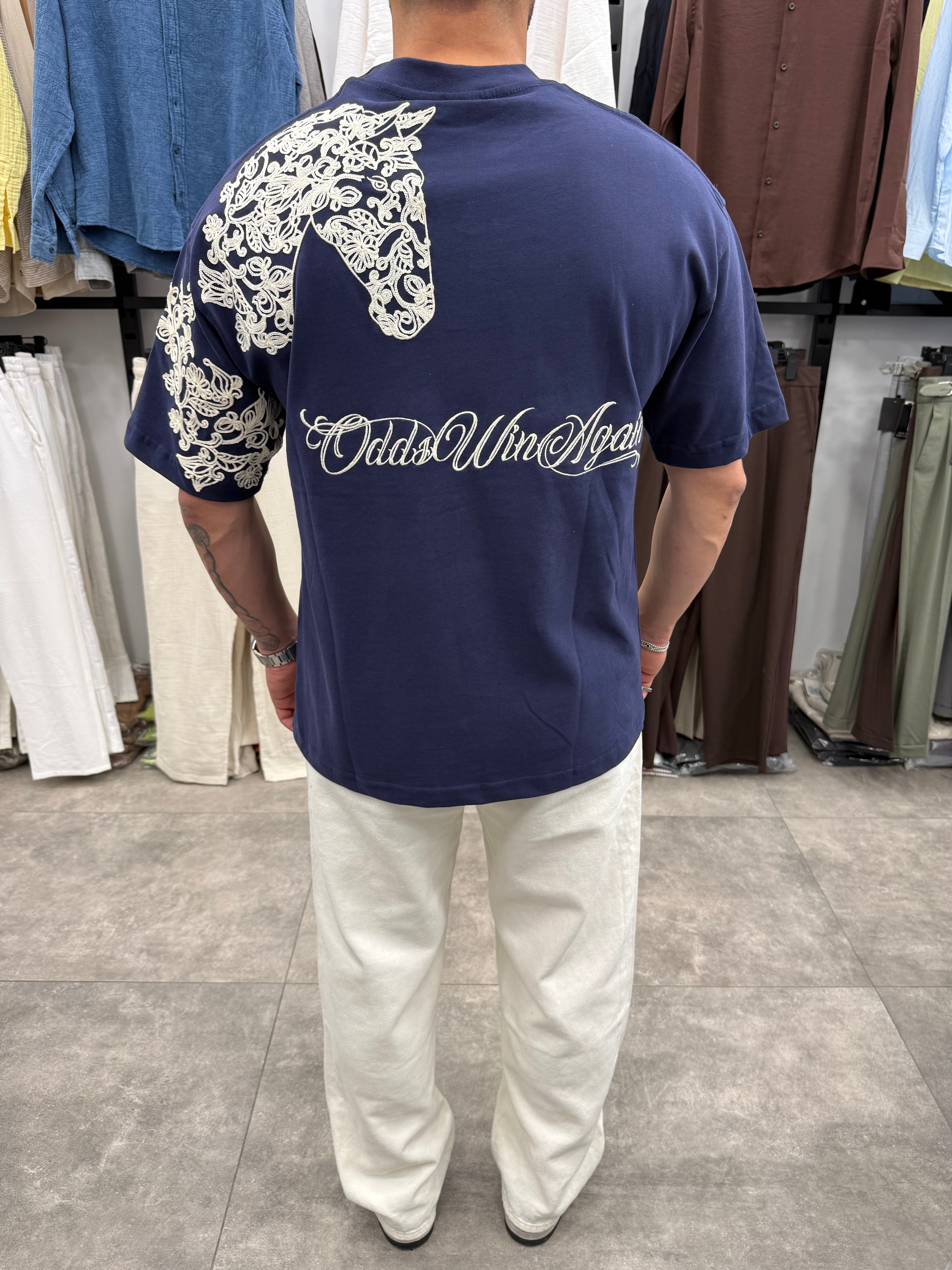 Lacivert At Nakışlı Oversize Tshirt