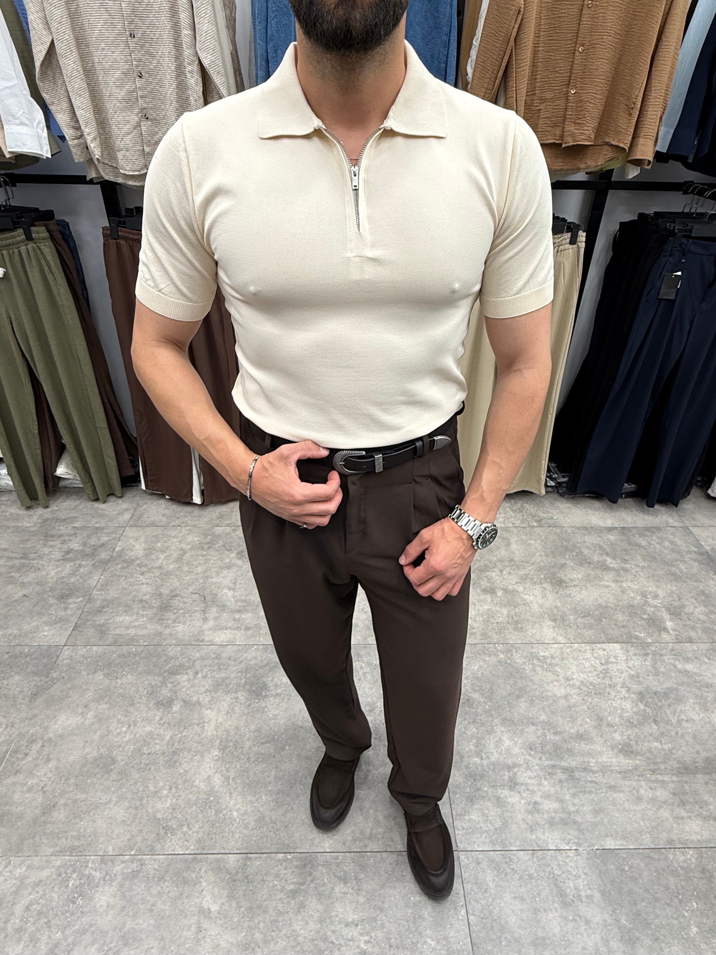 Krem Regular Fit Yakla Fermuarlı Polo Thirt