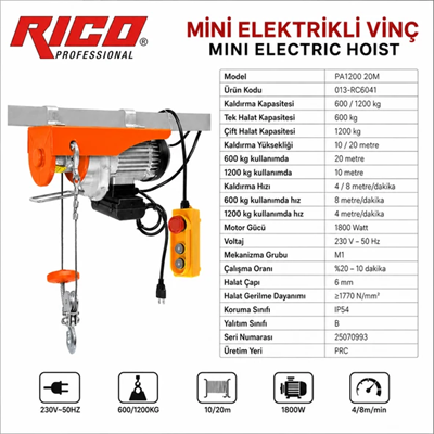Rico RC6041 PA1200 Elektrikli Vinç Caraskal 600/1200Kg 20 Metre Halatlı Kumandalı Yük Kaldırma 1800W