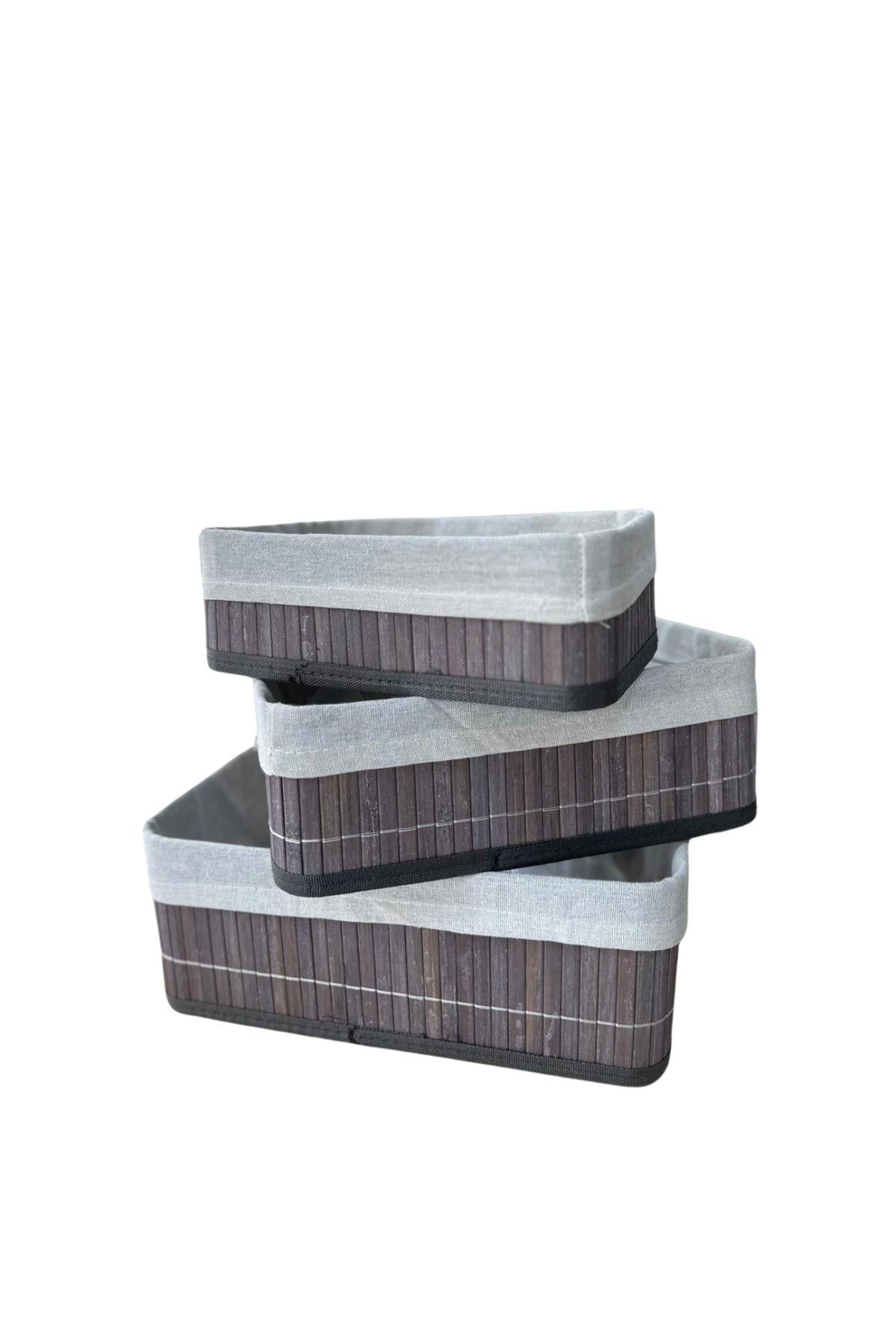 3 lü Dikdörtgen Set Bambu Sepet Düzenleyici Organizer Gri
