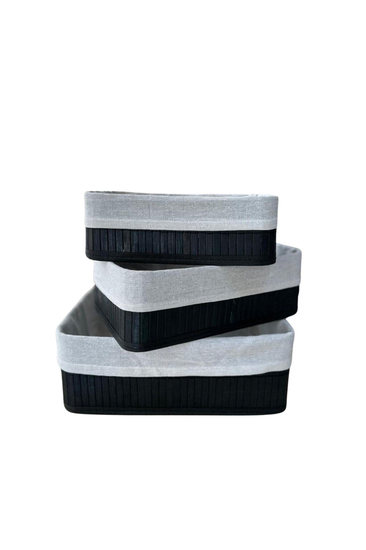 3 lü Dikdörtgen Set Bambu Sepet Düzenleyici Organizer Siyah