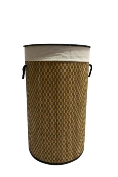 NATURAL YUVARLAK SİYAH İPLİ BAMBU KATLANIR ÇAMAŞIR SEPETİ