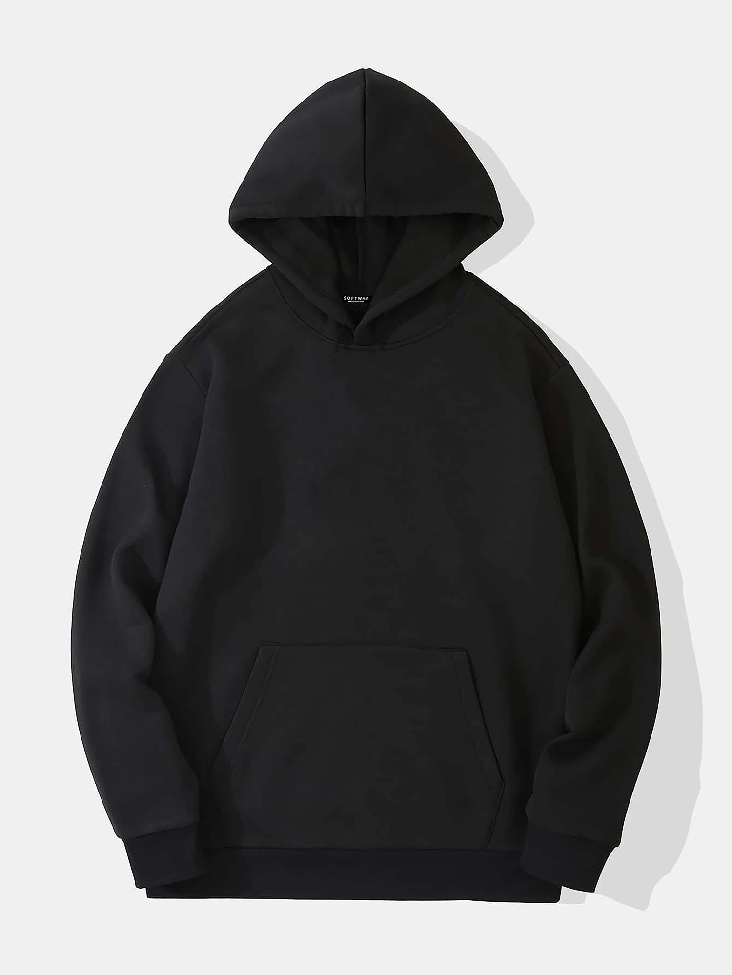 Softway Unisex Oversize Basic Düz Renk Kapüşonlu Polarlı Sweatshirt – Siyah