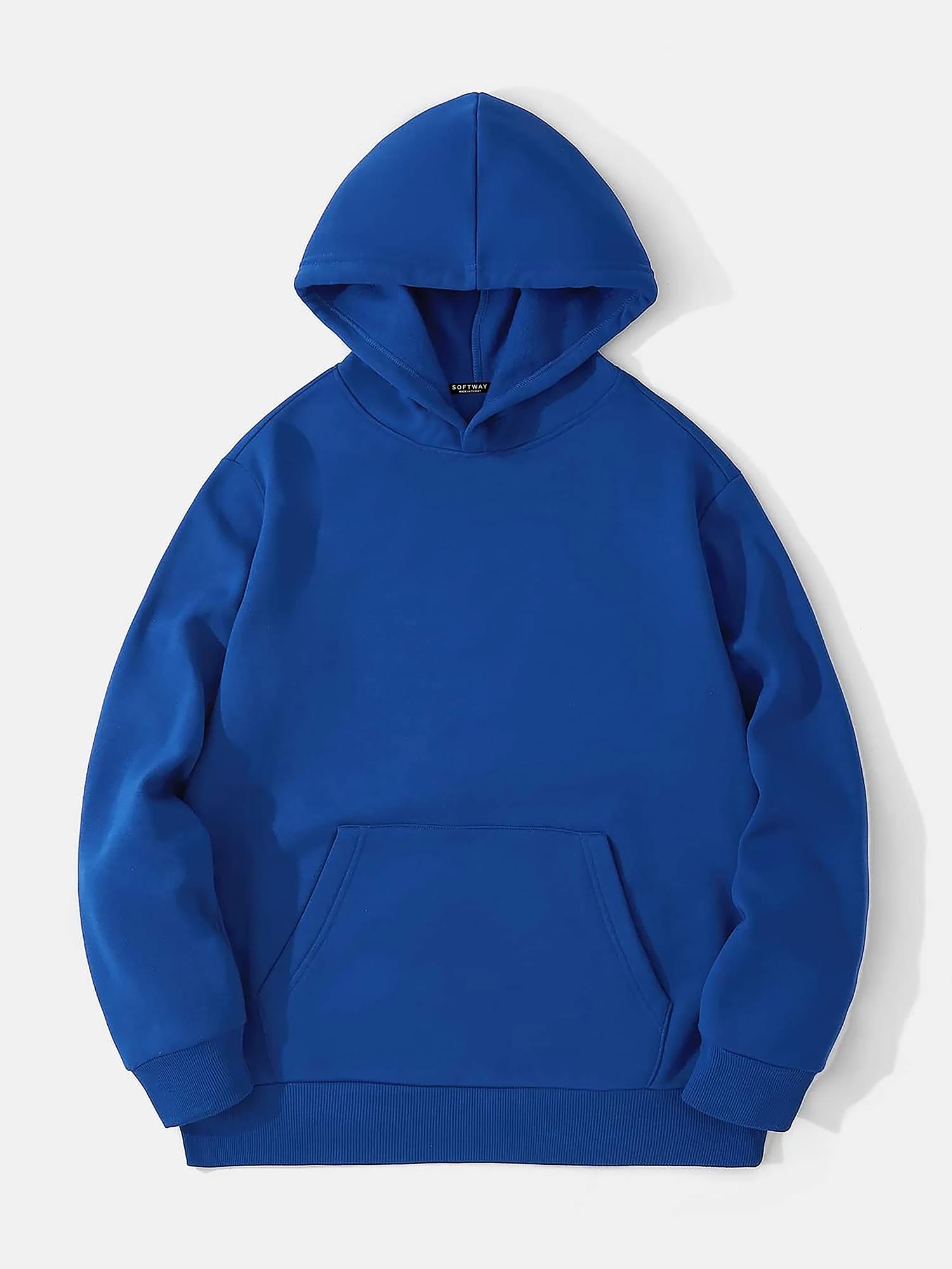 Softway Unisex Oversize Basic Düz Renk Kapüşonlu Polarlı Sweatshirt – Saks Mavisi