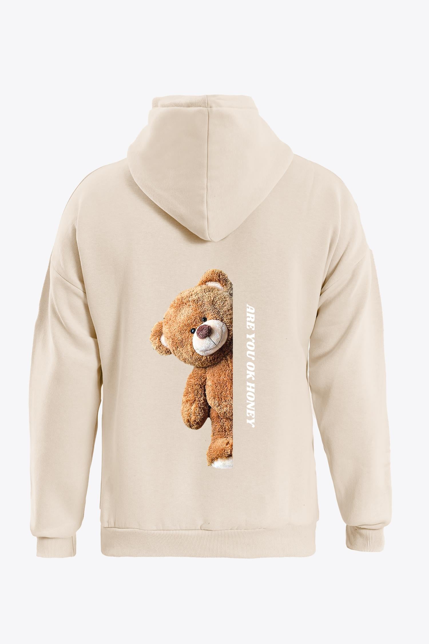 Unisex Are You Ok Honey Baskılı Kapüşonlu İçi Yumuşak Polarlı Oversize Sweatshirt - BEJ