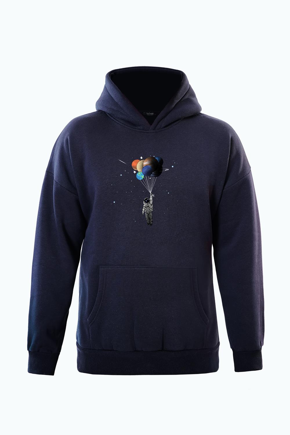 Unisex Balloon Astronaut Baskılı Kapüşonlu İçi Yumuşak Polarlı Oversize Sweatshirt - LACİVERT