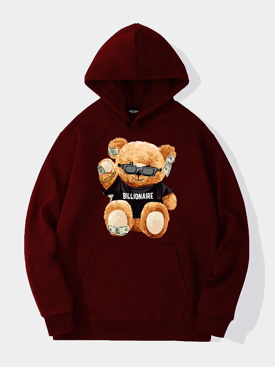Unisex Billionarie Baskılı Kapüşonlu İçi Yumuşak Polarlı Oversize Sweatshirt - BORDO