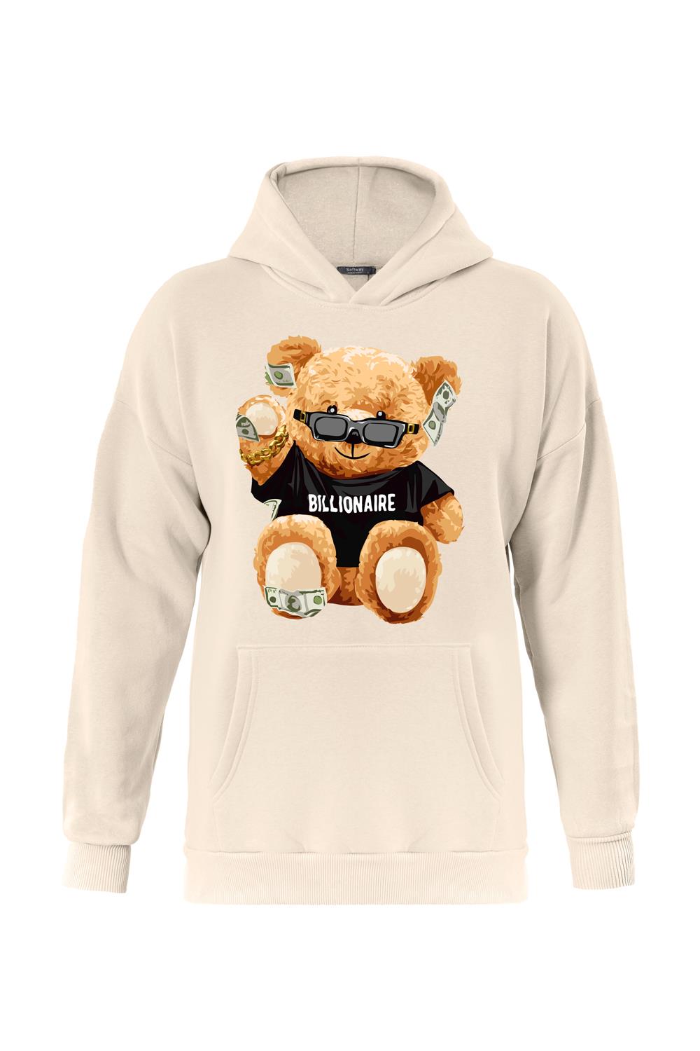 Unisex Billionarie Baskılı Kapüşonlu İçi Yumuşak Polarlı Oversize Sweatshirt - BEJ