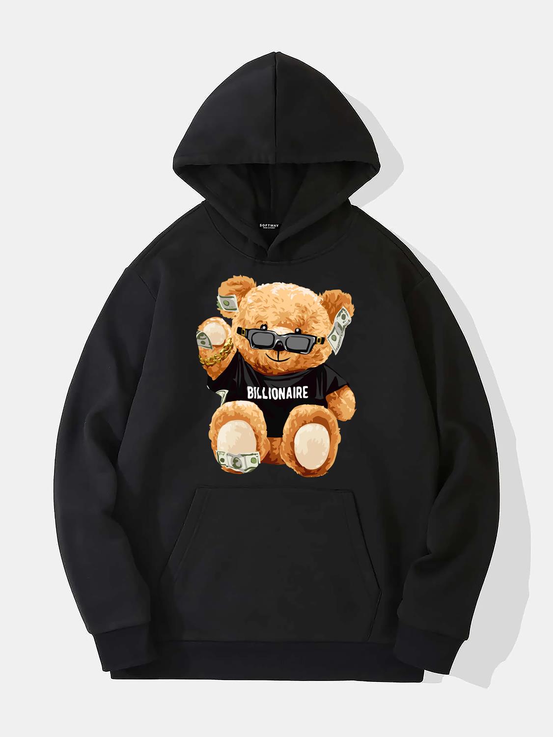 Unisex Billionarie Baskılı Kapüşonlu İçi Yumuşak Polarlı Oversize Sweatshirt - SİYAH