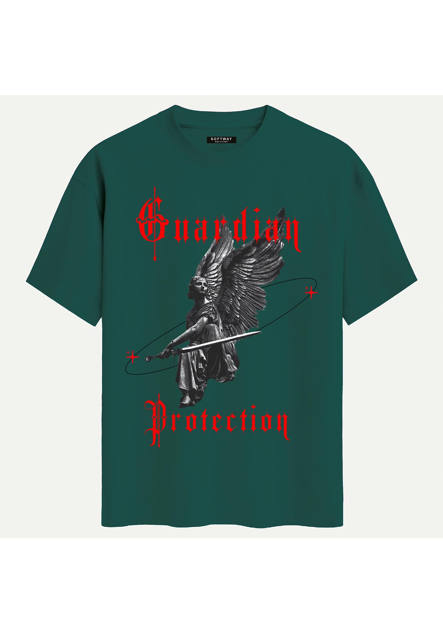 Unisex Bisiklet Yaka %100 Organik Pamuklu Kalın Dokulu Guardian Protection Baskılı Oversize T-shirt - KOYU YEŞİL