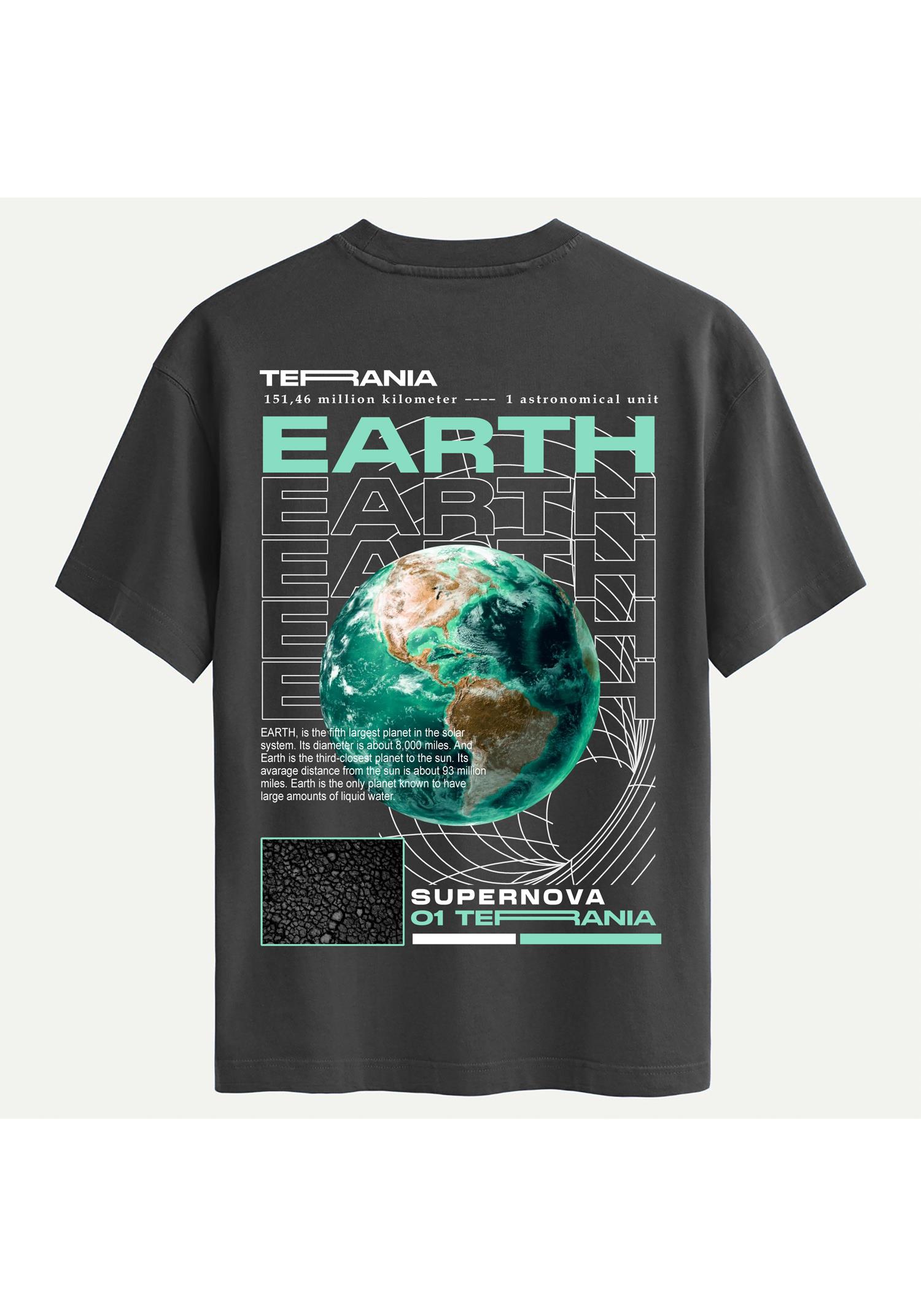 Unisex Bisiklet Yaka %100 Organik Pamuklu Kalın Dokulu Earth Baskılı Oversize T-shirt - FÜME