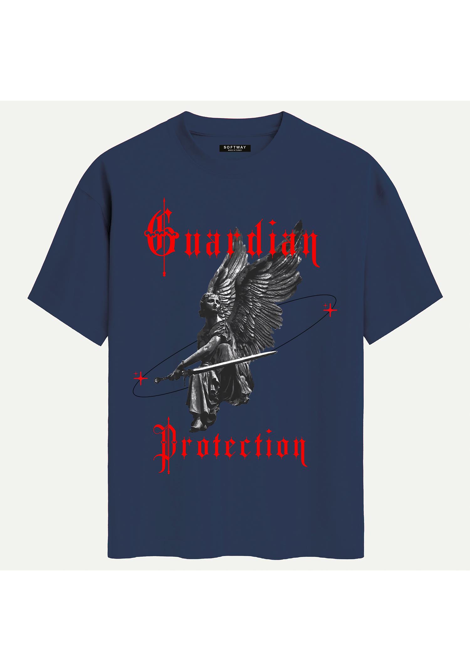 Unisex Bisiklet Yaka %100 Organik Pamuklu Kalın Dokulu Guardian Protection Baskılı Oversize T-shirt - LACİVERT