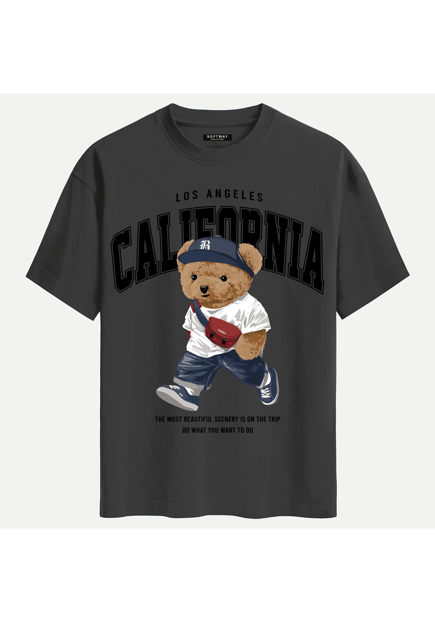 Unisex Bisiklet Yaka %100 Organik Pamuklu Kalın Dokulu California Baskılı Oversize T-shirt - FÜME