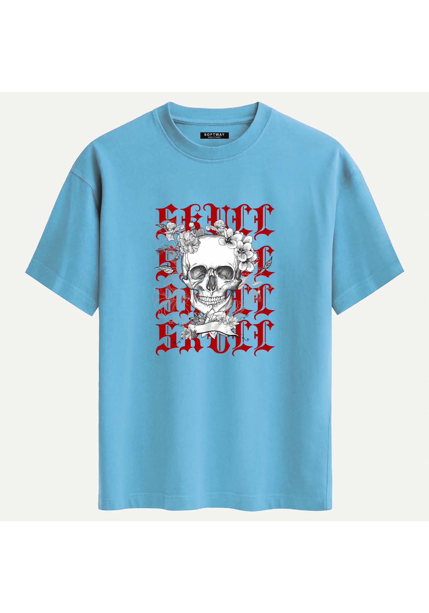 Unisex Bisiklet Yaka %100 Organik Pamuklu Kalın Dokulu Skull Baskılı Oversize T-shirt - MAVİ