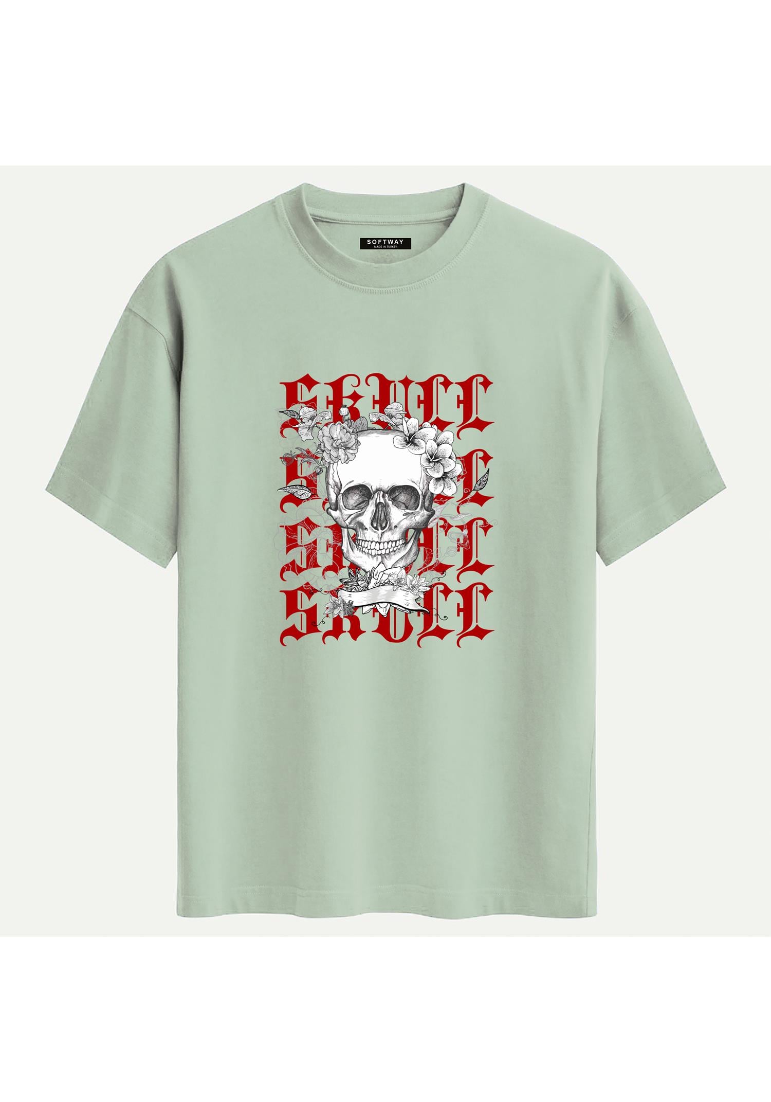 Unisex Bisiklet Yaka %100 Organik Pamuklu Kalın Dokulu Skull Baskılı Oversize T-shirt - BEJ