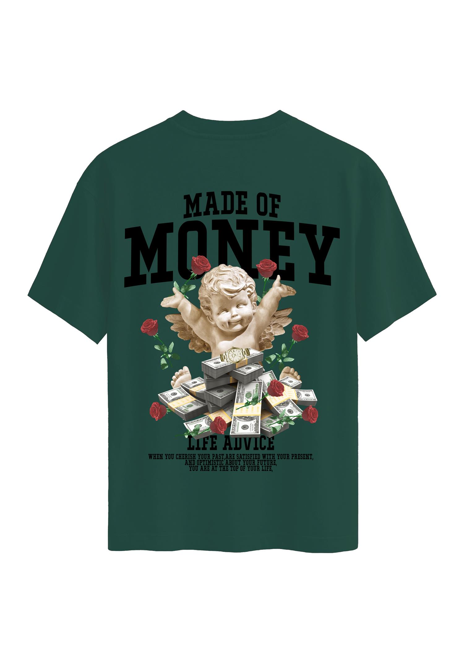 Unisex Bisiklet Yaka %100 Organik Pamuklu Kalın Dokulu Made Of Money Baskılı Oversize T-shirt - KOYU YEŞİL