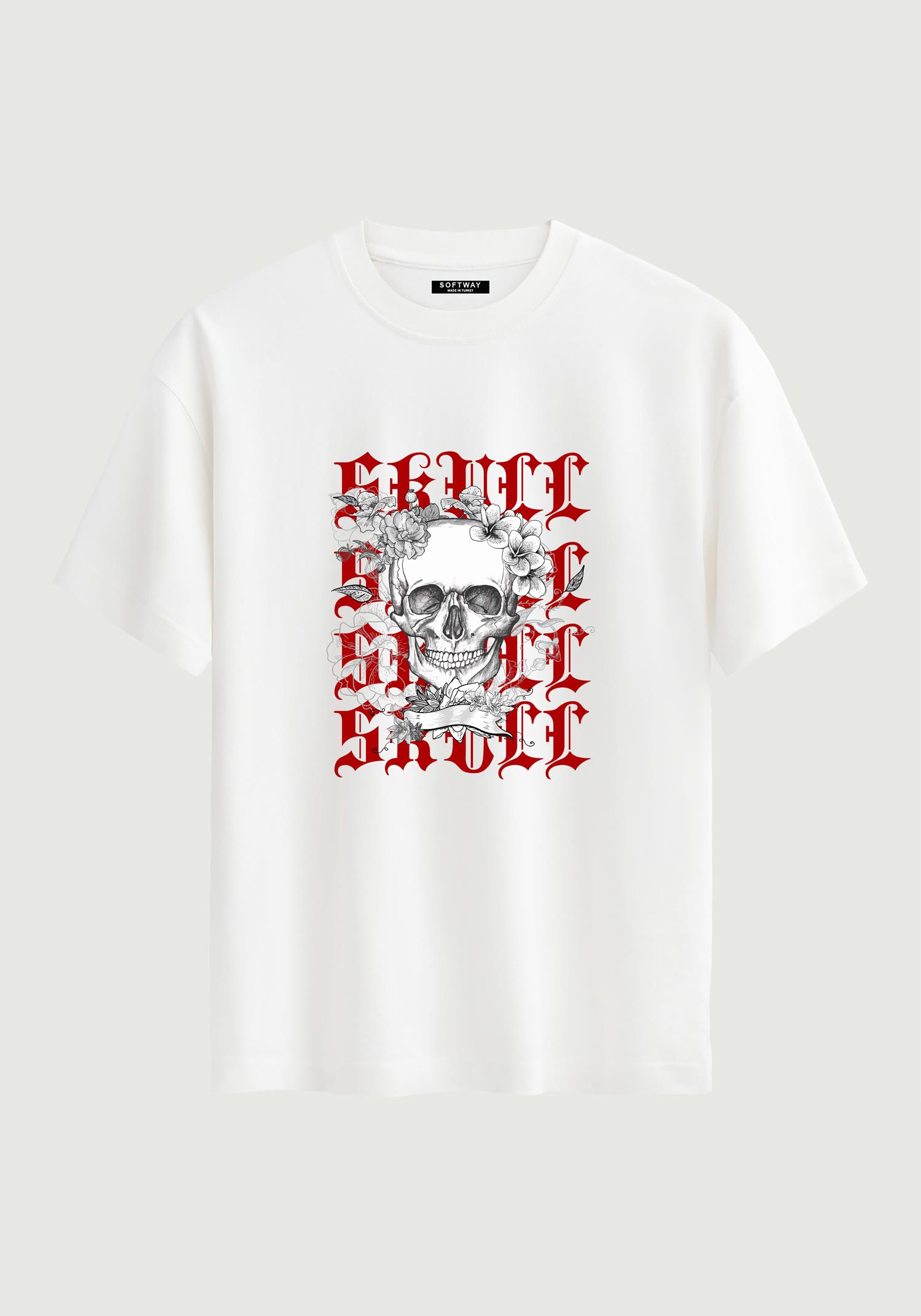 Unisex Bisiklet Yaka %100 Organik Pamuklu Kalın Dokulu Skull Baskılı Oversize T-shirt - BEYAZ