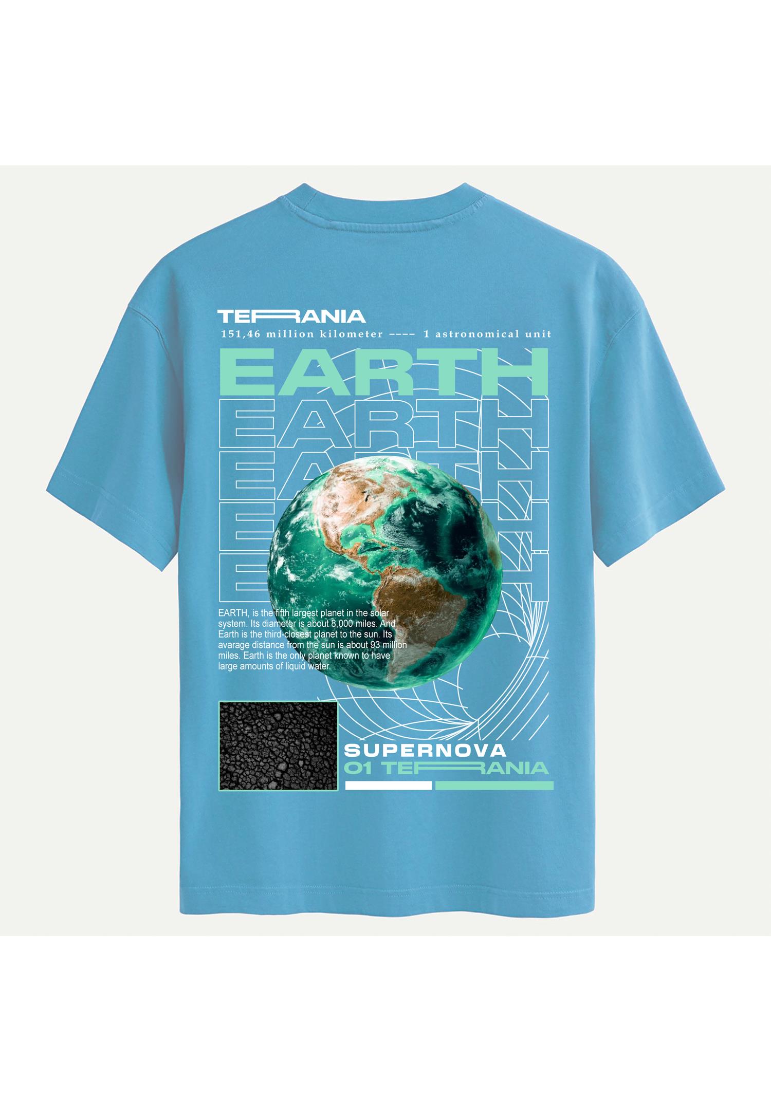 Unisex Bisiklet Yaka %100 Organik Pamuklu Kalın Dokulu Earth Baskılı Oversize T-shirt - MAVİ