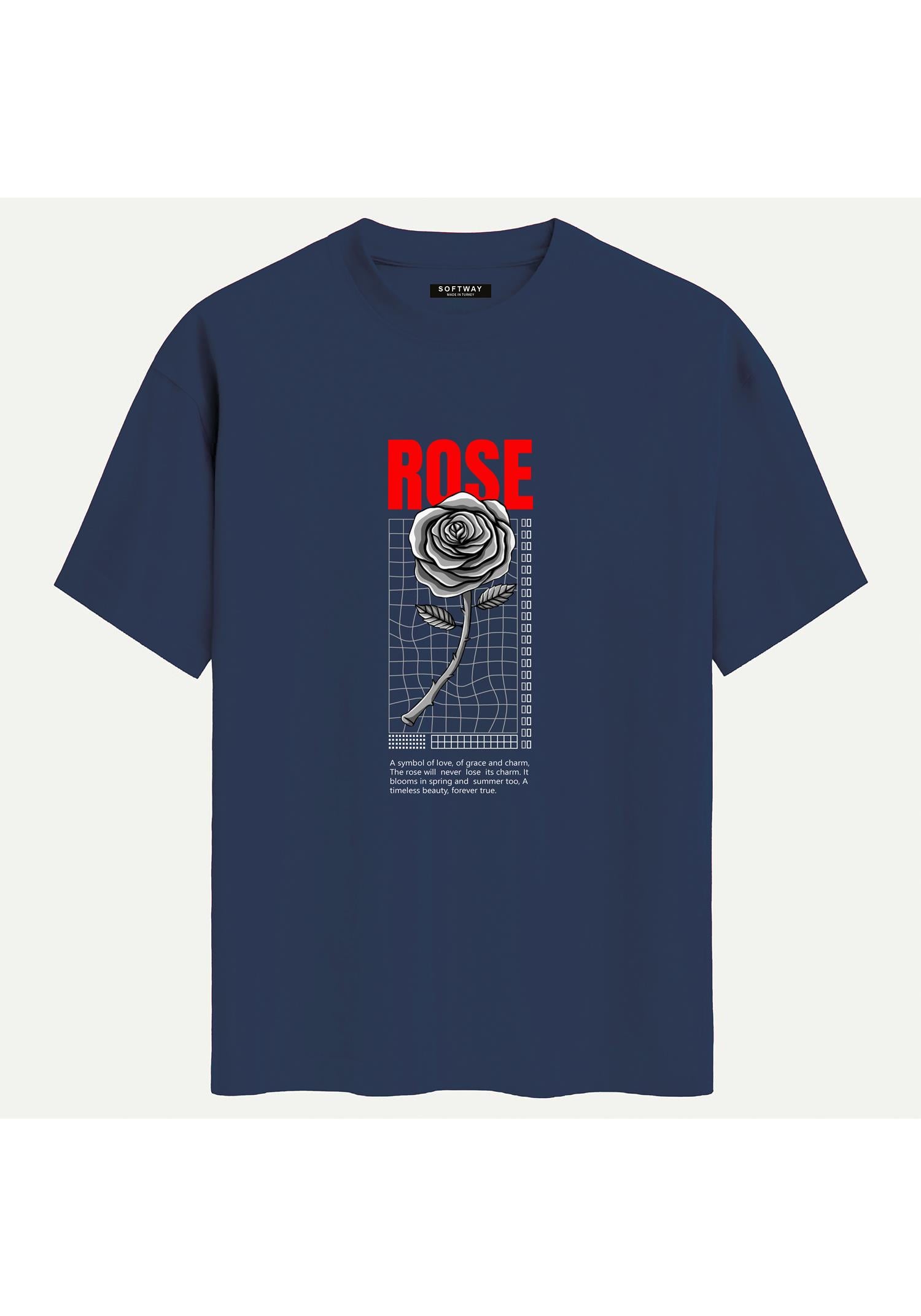 Unisex Bisiklet Yaka %100 Organik Pamuklu Kalın Dokulu Rose Baskılı Oversize T-shirt - LACİVERT