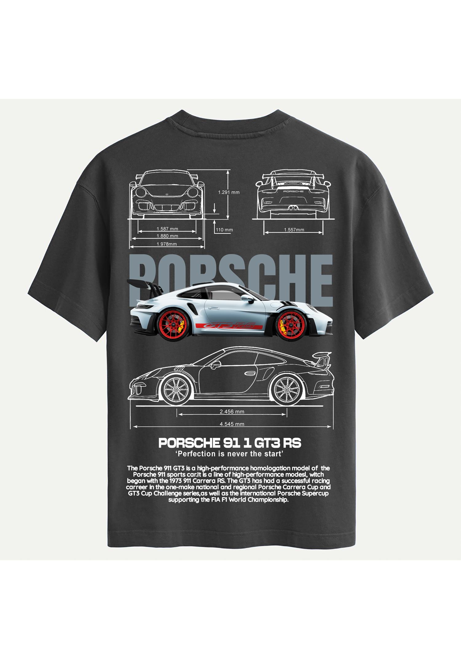 Unisex Bisiklet Yaka %100 Organik Pamuklu Kalın Dokulu Porsche 911 gt3 rs Baskılı Oversize T-shirt - FÜME