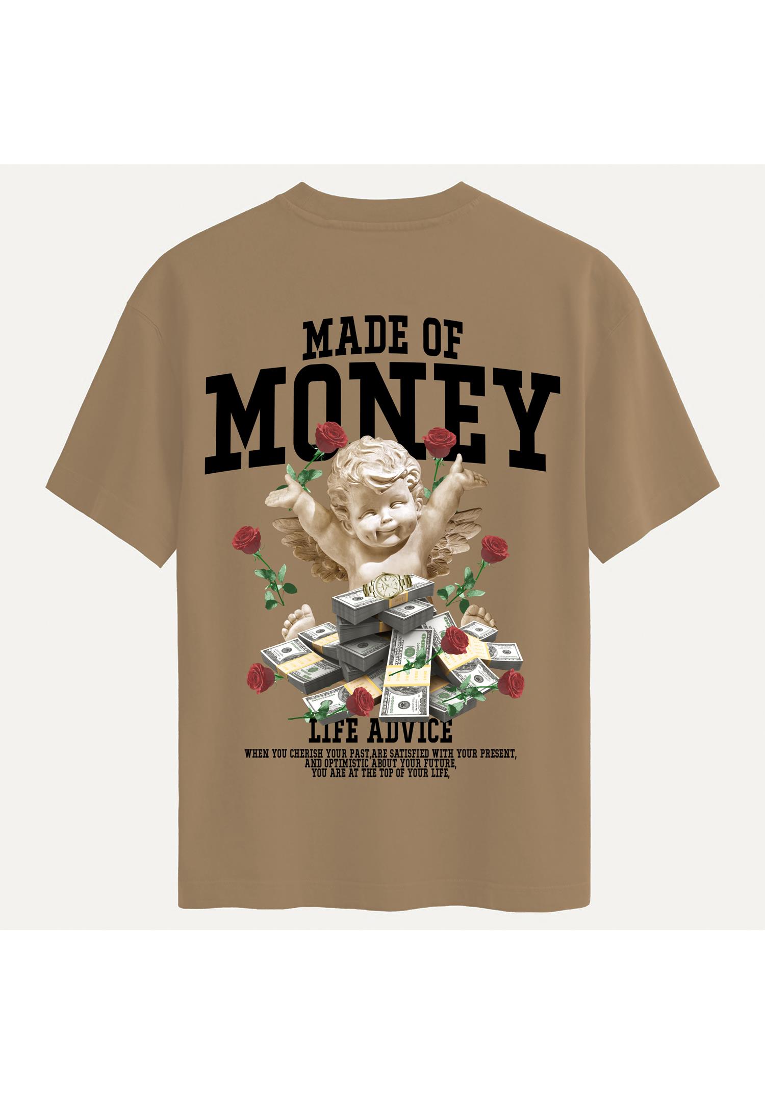 Unisex Bisiklet Yaka %100 Organik Pamuklu Kalın Dokulu Made Of Money Baskılı Oversize T-shirt - AÇIK KAHVERENGİ