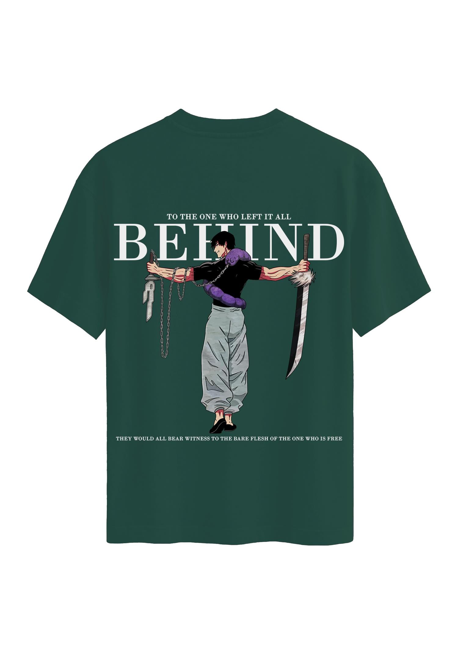 Unisex Bisiklet Yaka %100 Organik Pamuklu Kalın Dokulu Behind Baskılı Oversize T-shirt - KOYU YEŞİL