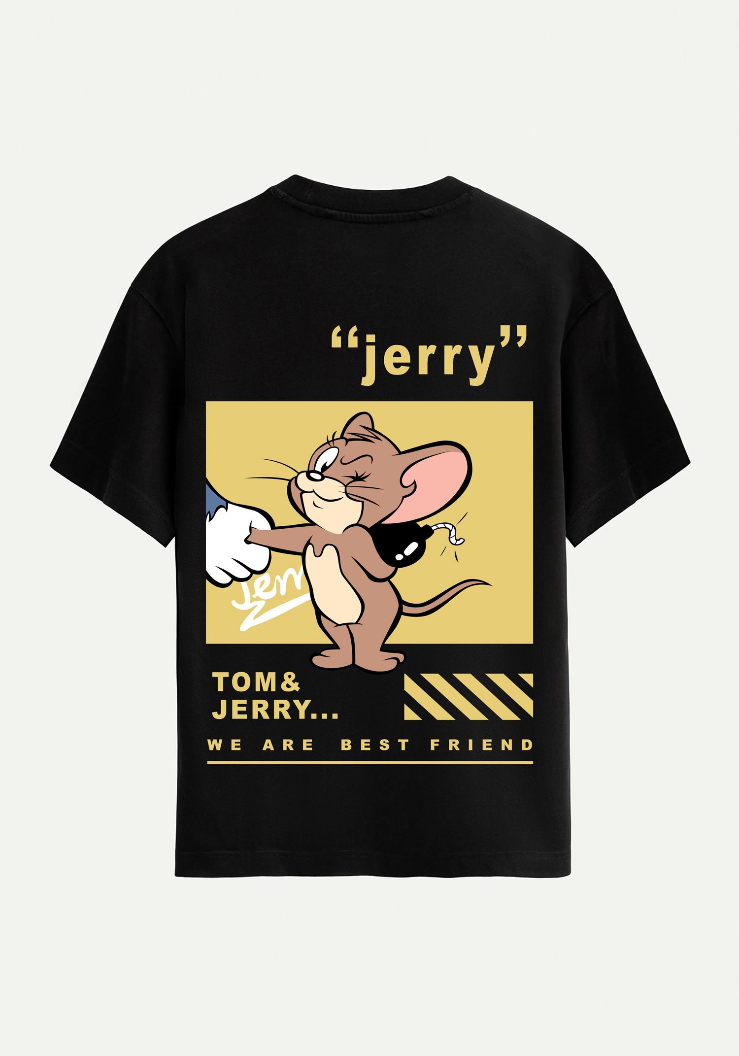 Unisex Bisiklet Yaka %100 Organik Pamuklu Kalın Dokulu Jerry Baskılı Oversize T-shirt - SİYAH