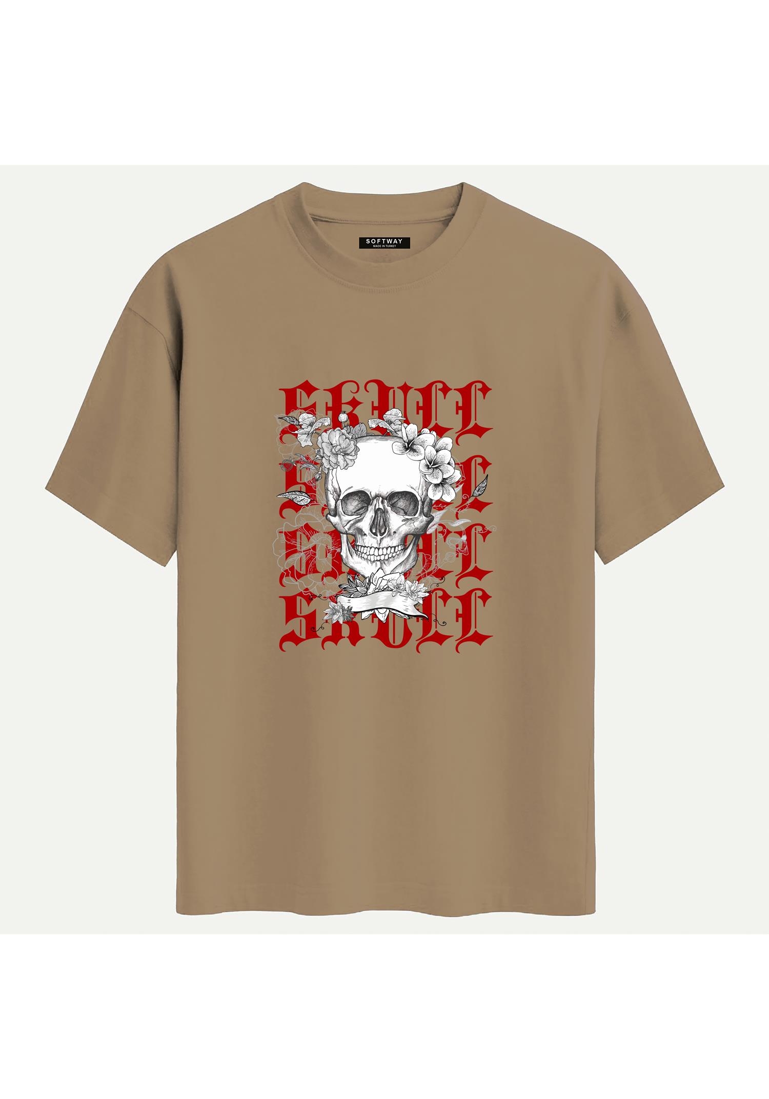 Unisex Bisiklet Yaka %100 Organik Pamuklu Kalın Dokulu Skull Baskılı Oversize T-shirt - AÇIK KAHVERENGİ