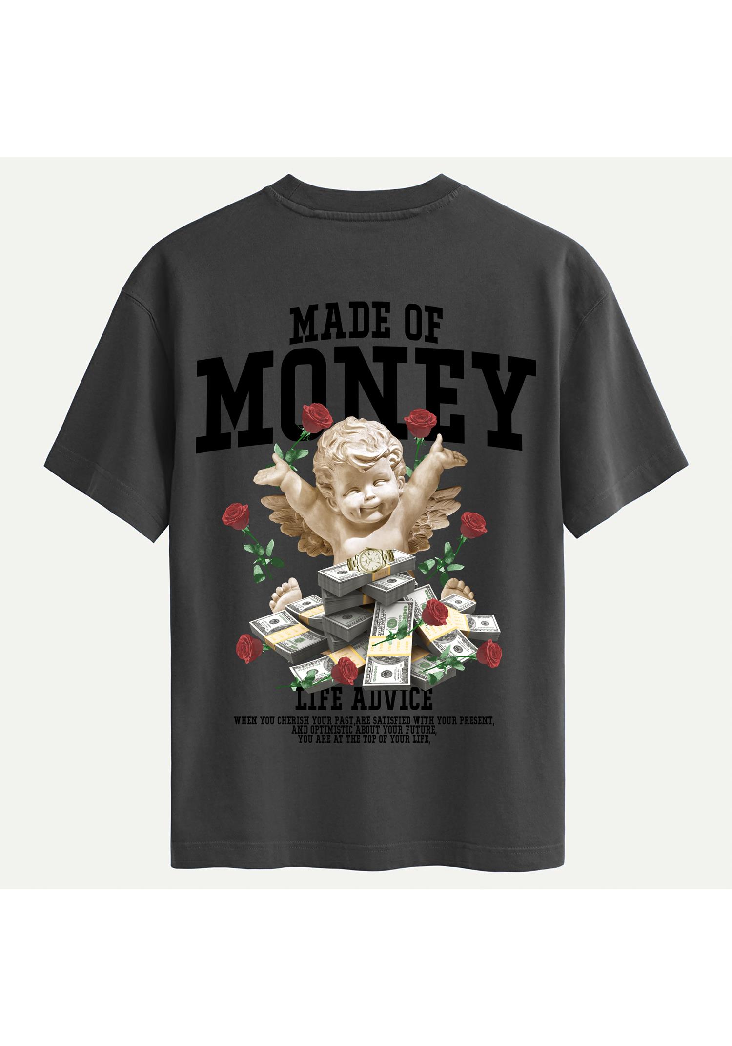 Unisex Bisiklet Yaka %100 Organik Pamuklu Kalın Dokulu Made Of Money Baskılı Oversize T-shirt - FÜME