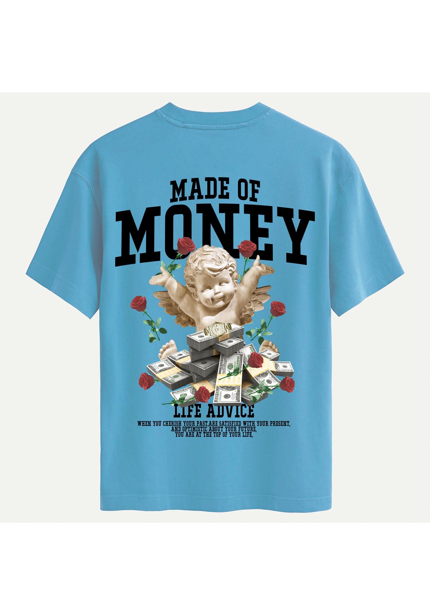 Unisex Bisiklet Yaka %100 Organik Pamuklu Kalın Dokulu Made Of Money Baskılı Oversize T-shirt - MAVİ