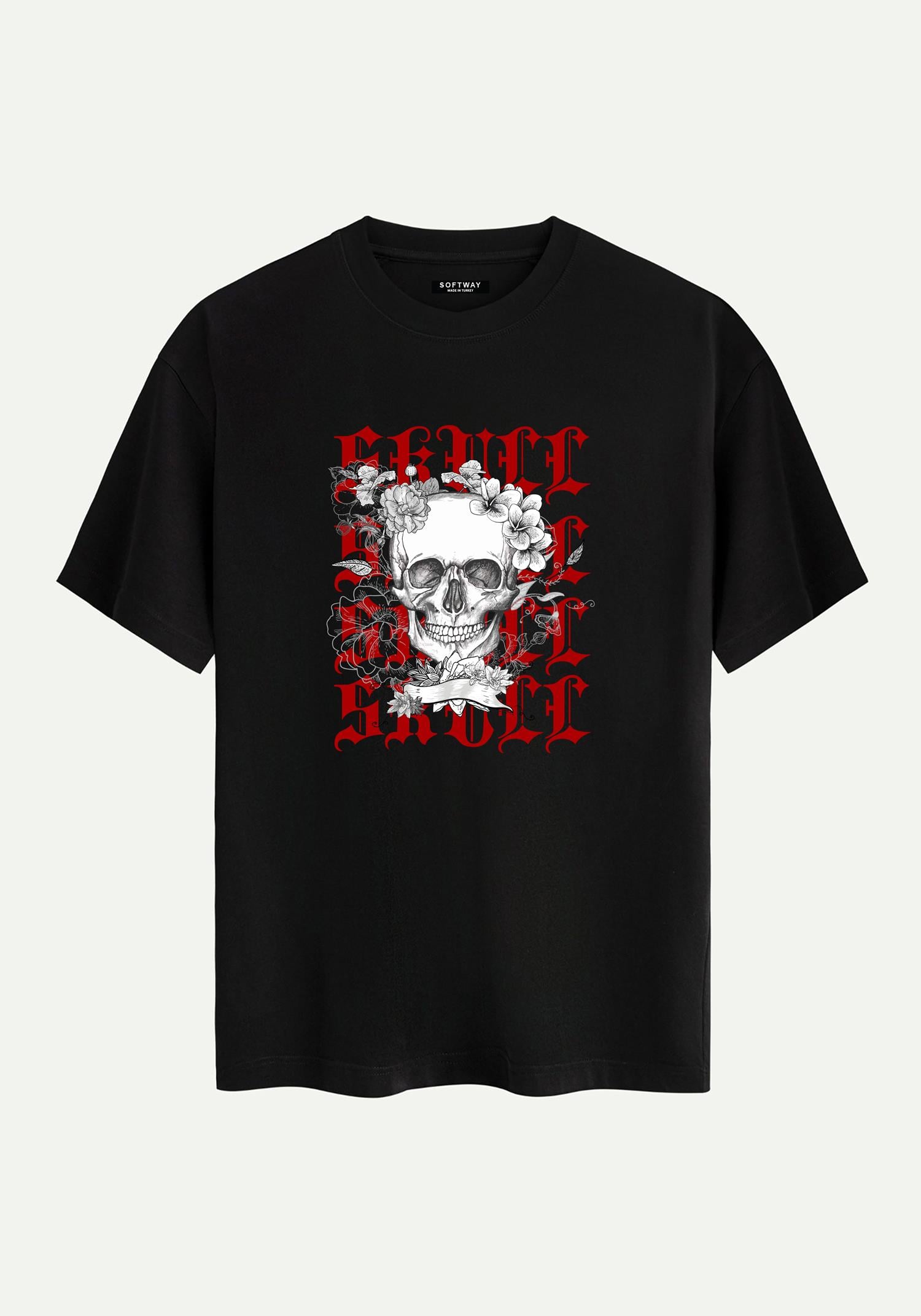 Unisex Bisiklet Yaka %100 Organik Pamuklu Kalın Dokulu Skull Baskılı Oversize T-shirt - SİYAH