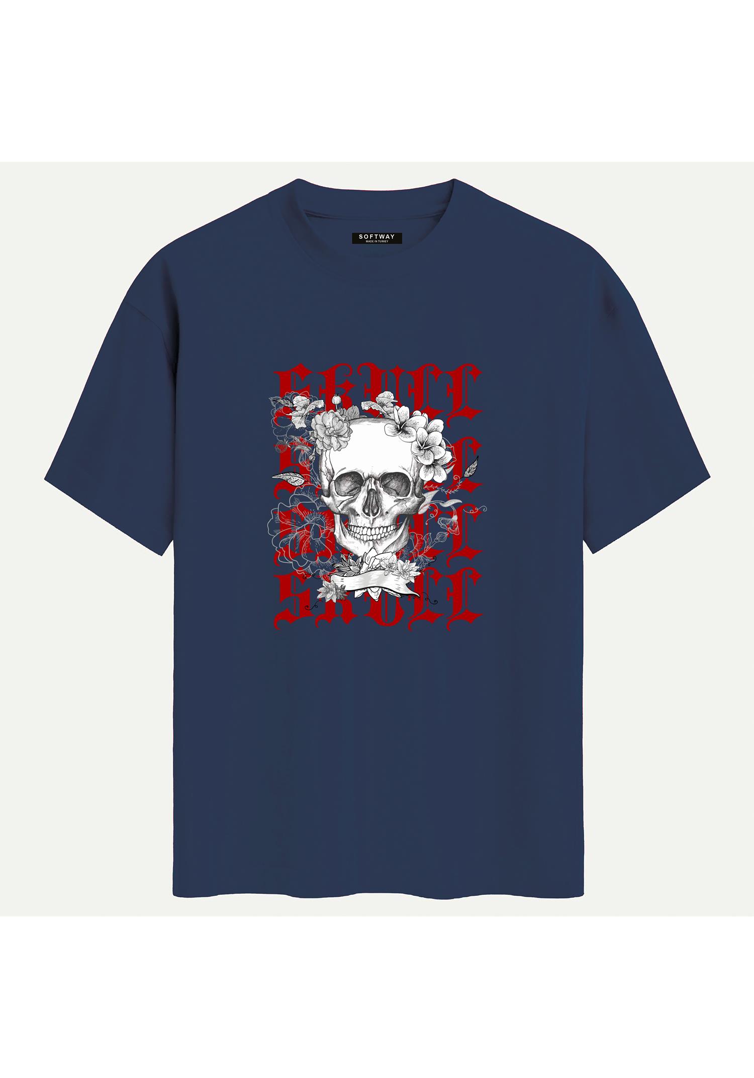 Unisex Bisiklet Yaka %100 Organik Pamuklu Kalın Dokulu Skull Baskılı Oversize T-shirt - LACİVERT