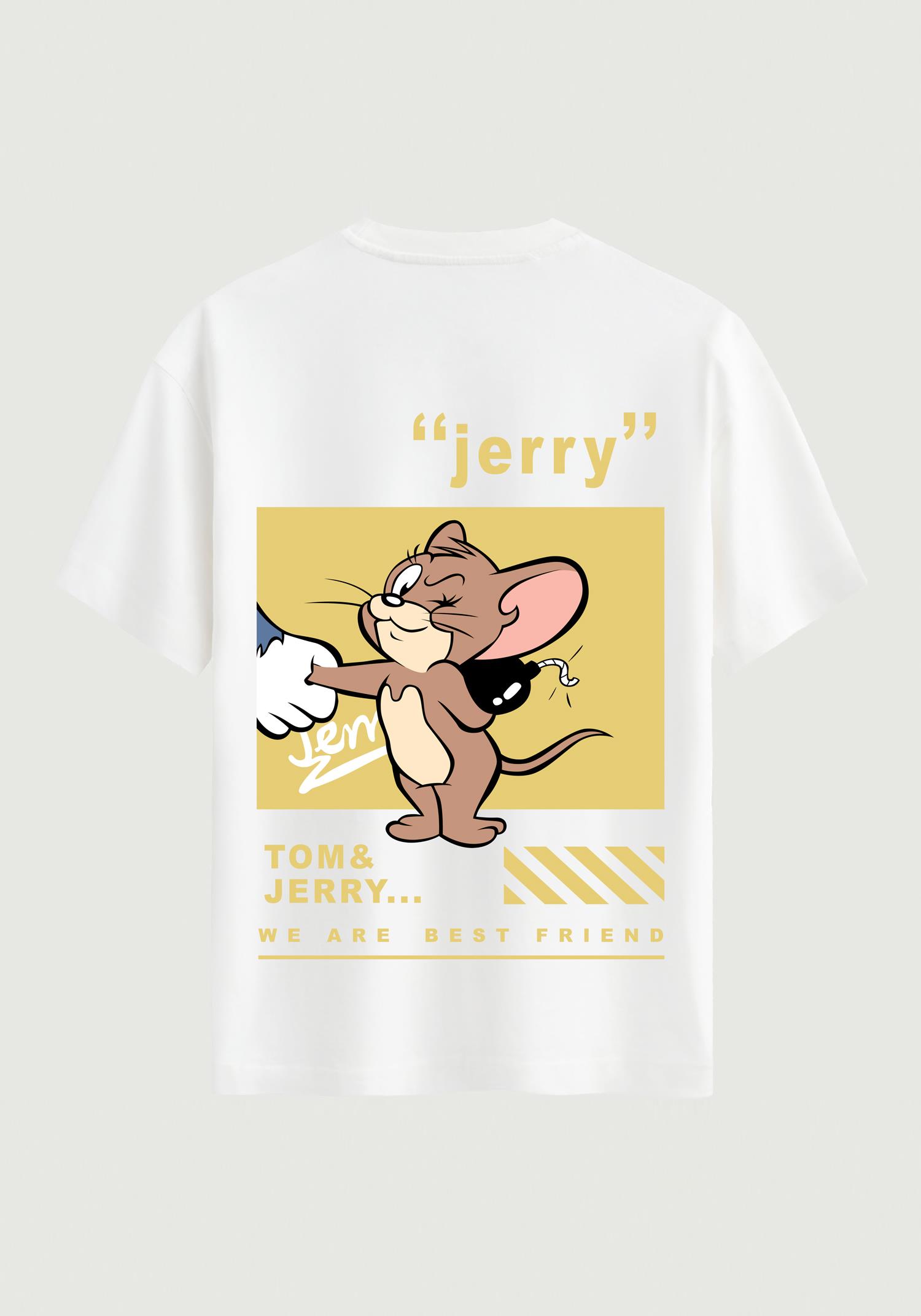 Unisex Bisiklet Yaka %100 Organik Pamuklu Kalın Dokulu Jerry Baskılı Oversize T-shirt - BEYAZ