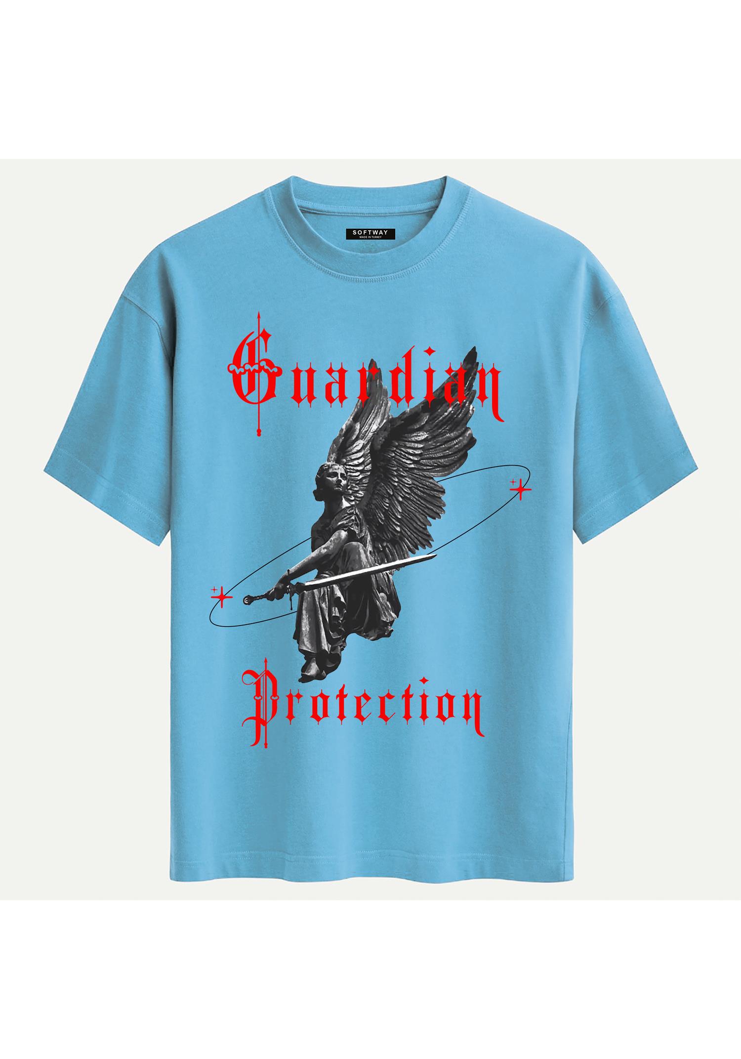 Unisex Bisiklet Yaka %100 Organik Pamuklu Kalın Dokulu Guardian Protection Baskılı Oversize T-shirt - MAVİ