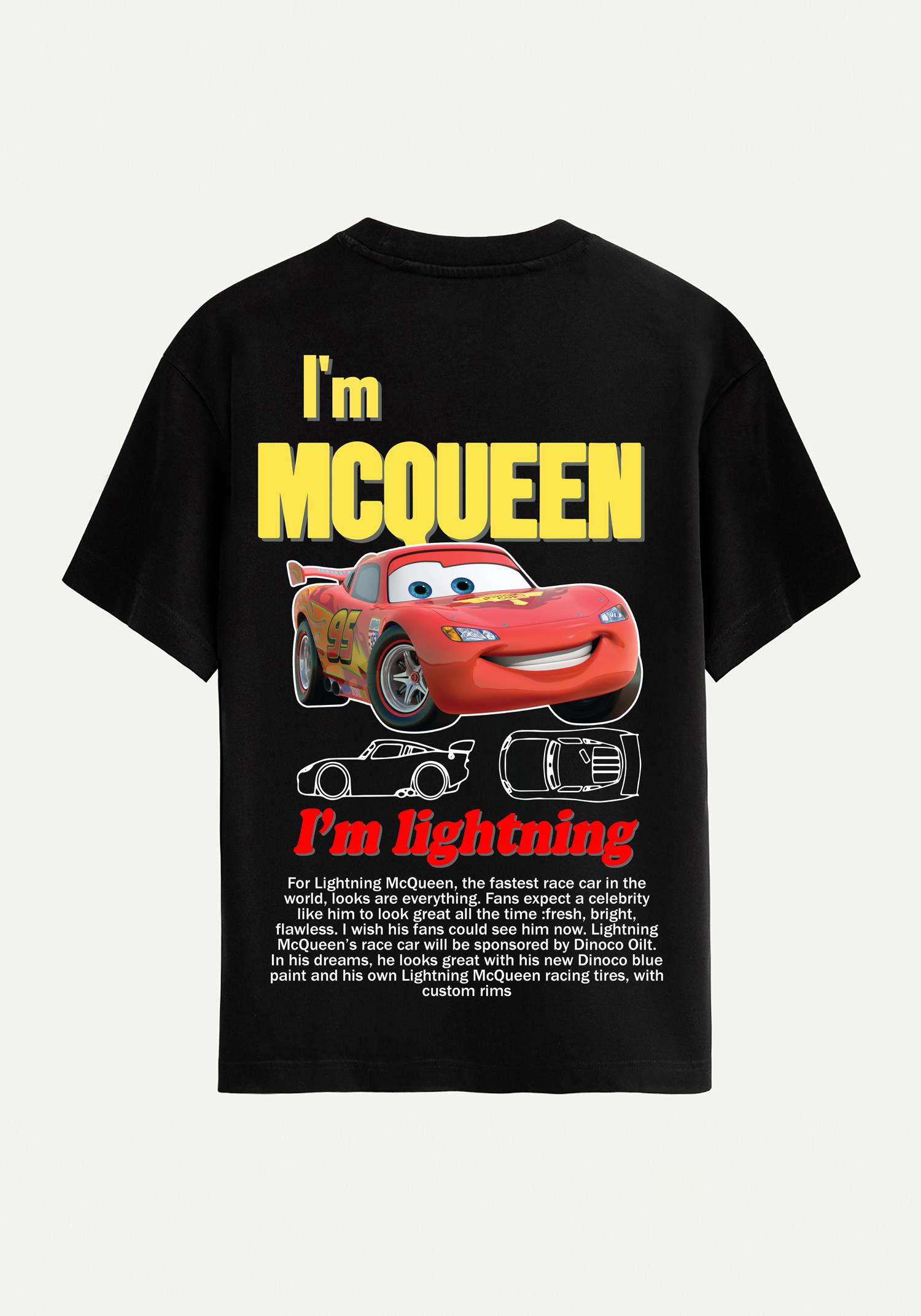 Unisex Bisiklet Yaka %100 Organik Pamuklu Kalın Dokulu McQueen Baskılı Oversize T-shirt - SİYAH