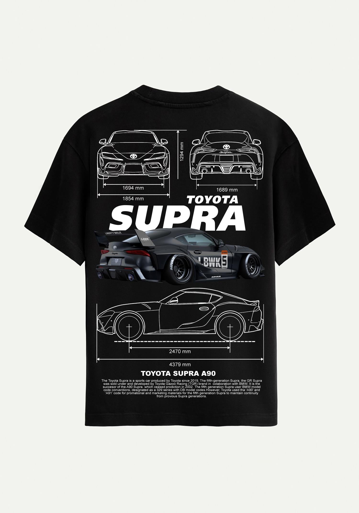 Unisex Bisiklet Yaka %100 Organik Pamuklu Kalın Dokulu Toyota Supra A90 Baskılı Oversize T-shirt - SİYAH