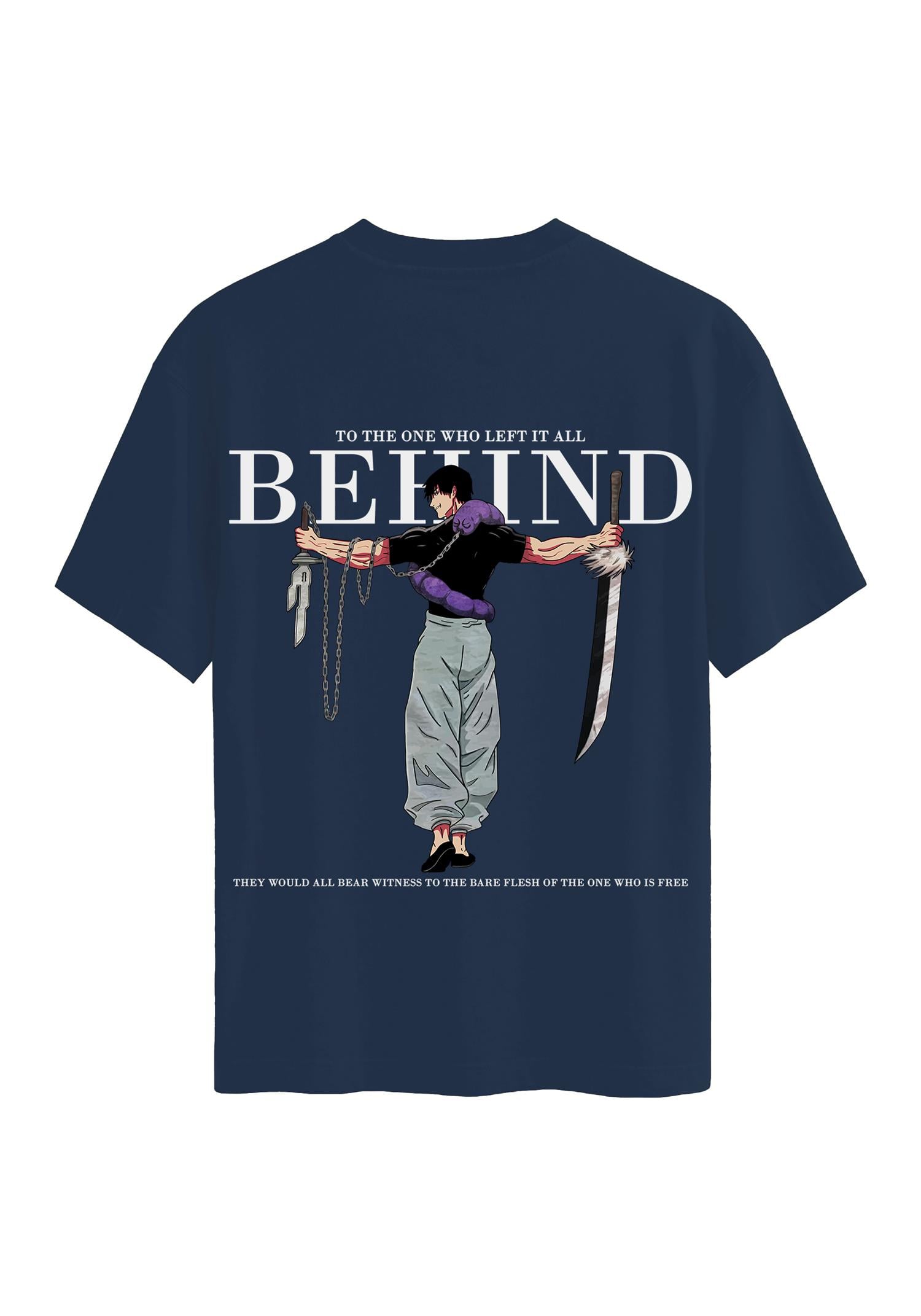Unisex Bisiklet Yaka %100 Organik Pamuklu Kalın Dokulu Behind Baskılı Oversize T-shirt - LACİVERT