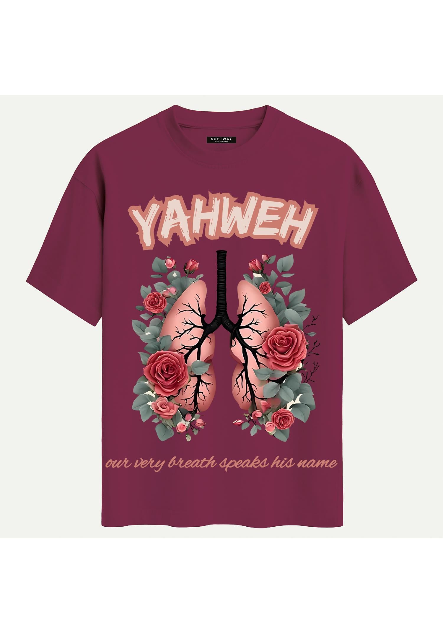Unisex Bisiklet Yaka %100 Organik Pamuklu Kalın Dokulu YAHWEH Baskılı Oversize T-shirt - BORDO