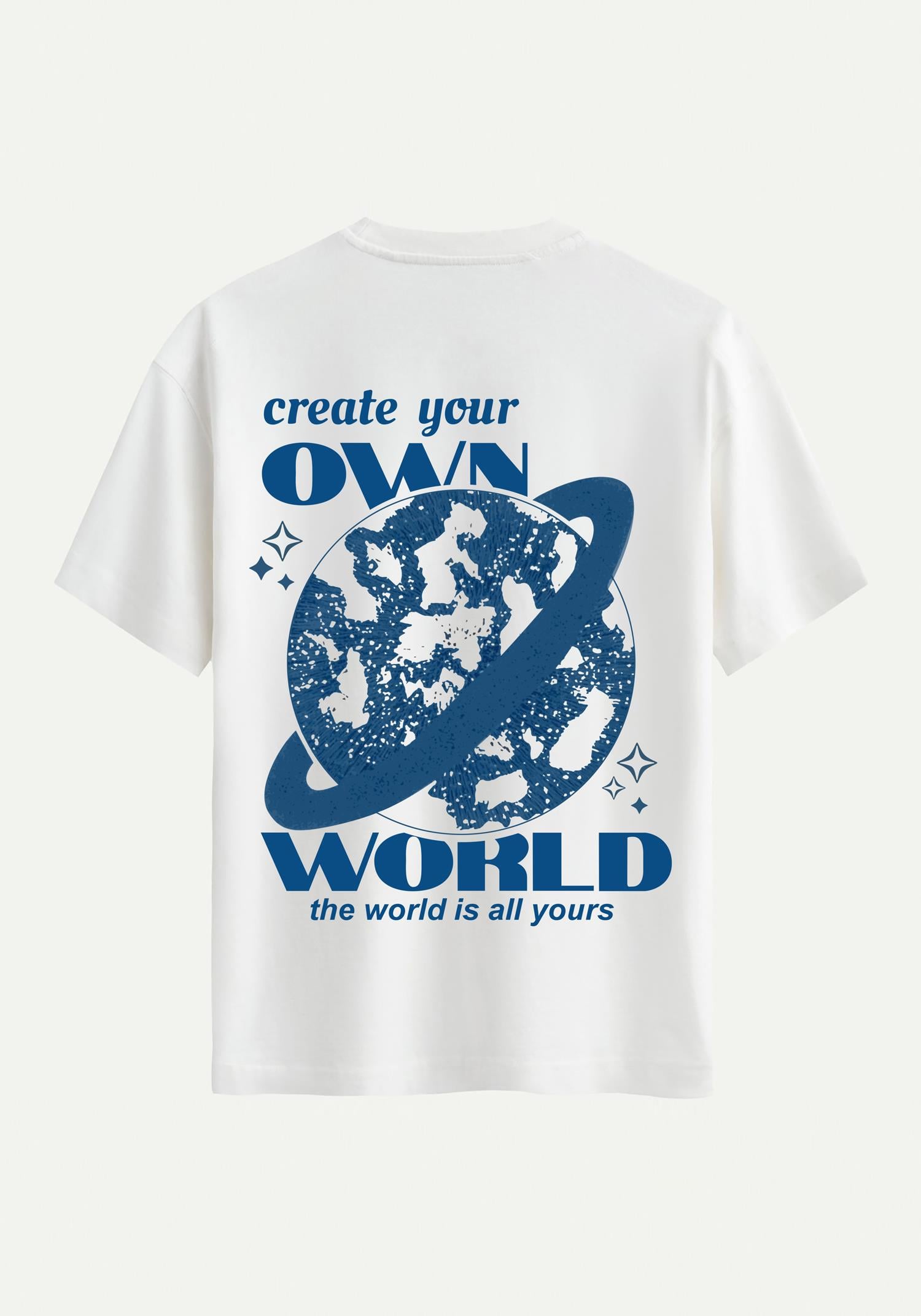 Unisex Bisiklet Yaka %100 Organik Pamuklu Kalın Dokulu Own World Baskılı Oversize T-shirt - EKRU